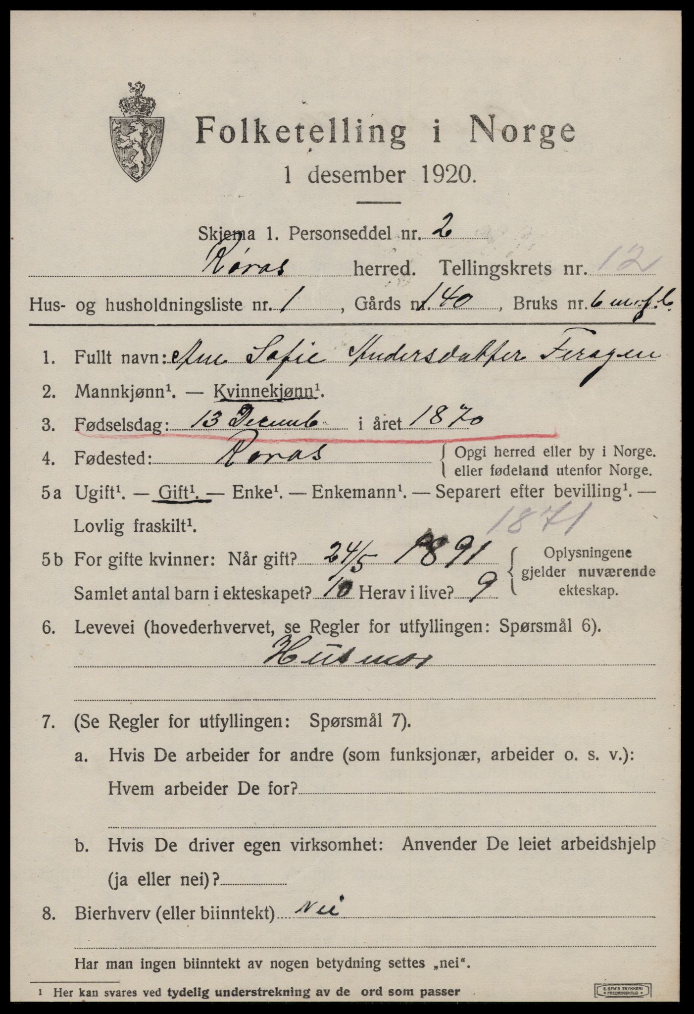 SAT, 1920 census for Røros, 1920, p. 8900