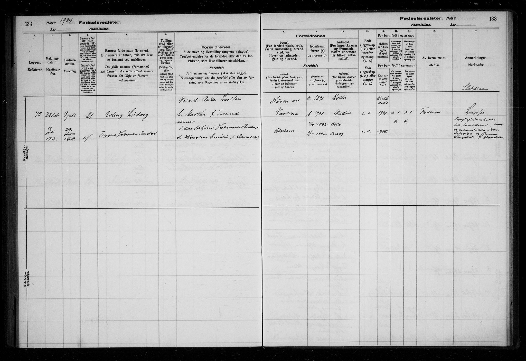 Askim prestekontor Kirkebøker, AV/SAO-A-10900/J/Ja/L0001: Birth register no. 1, 1916-1929, p. 133