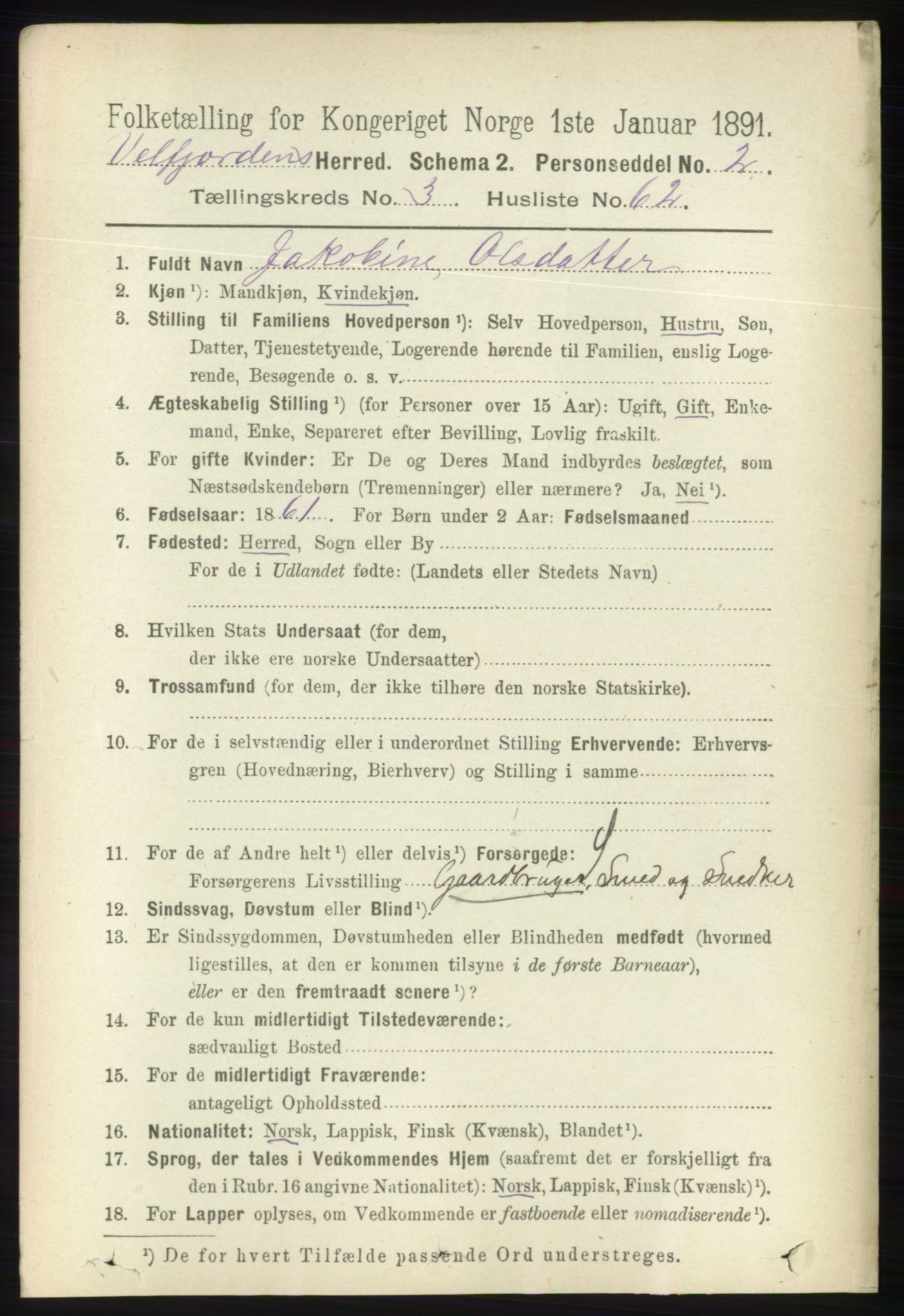 RA, 1891 census for 1813 Velfjord, 1891, p. 1445