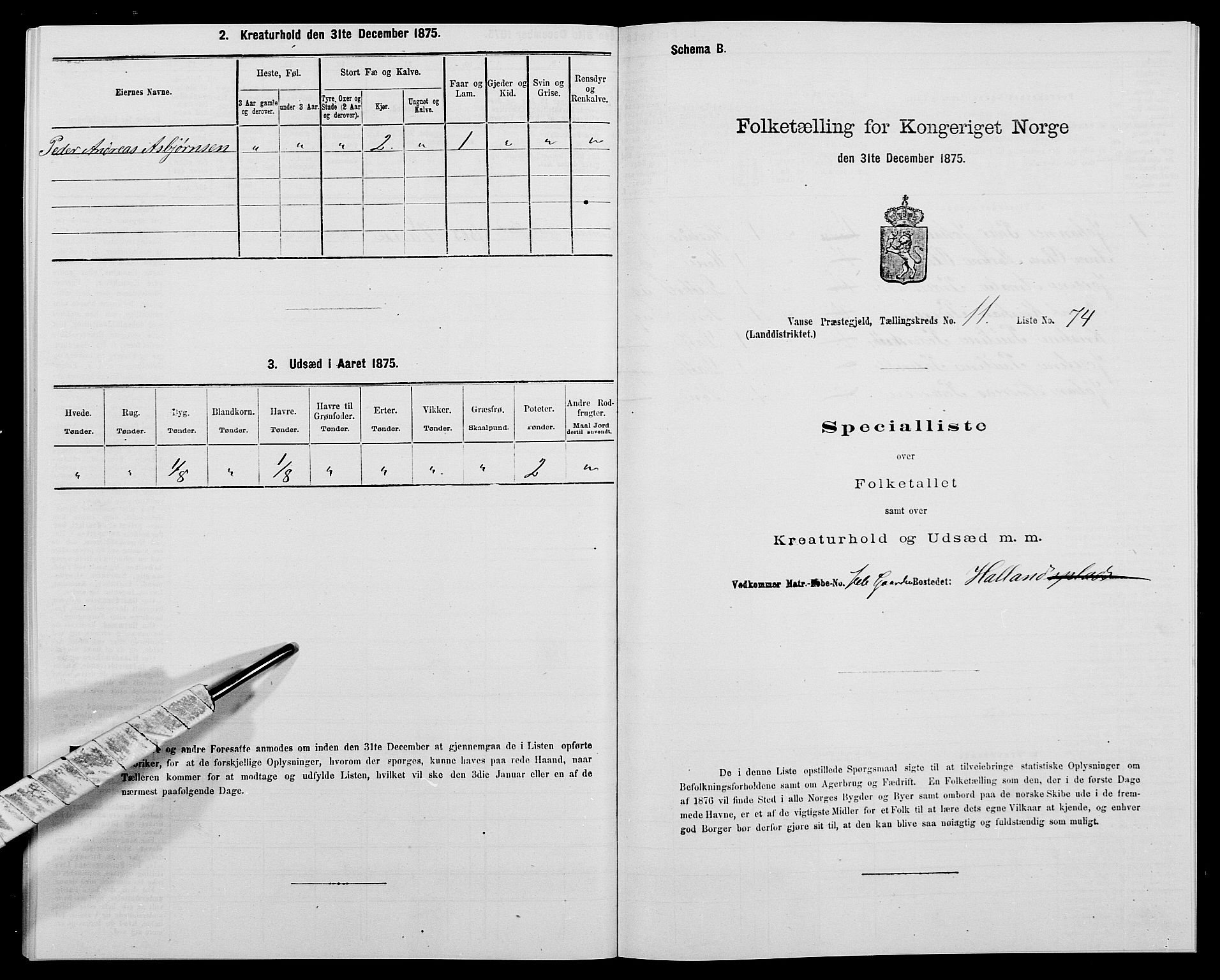 SAK, 1875 census for 1041L Vanse/Vanse og Farsund, 1875, p. 2136