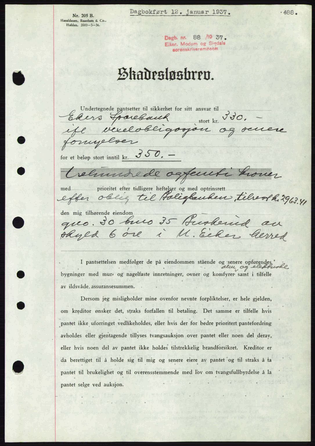 Eiker, Modum og Sigdal sorenskriveri, SAKO/A-123/G/Ga/Gab/L0034: Mortgage book no. A4, 1936-1937, Diary no: : 88/1937