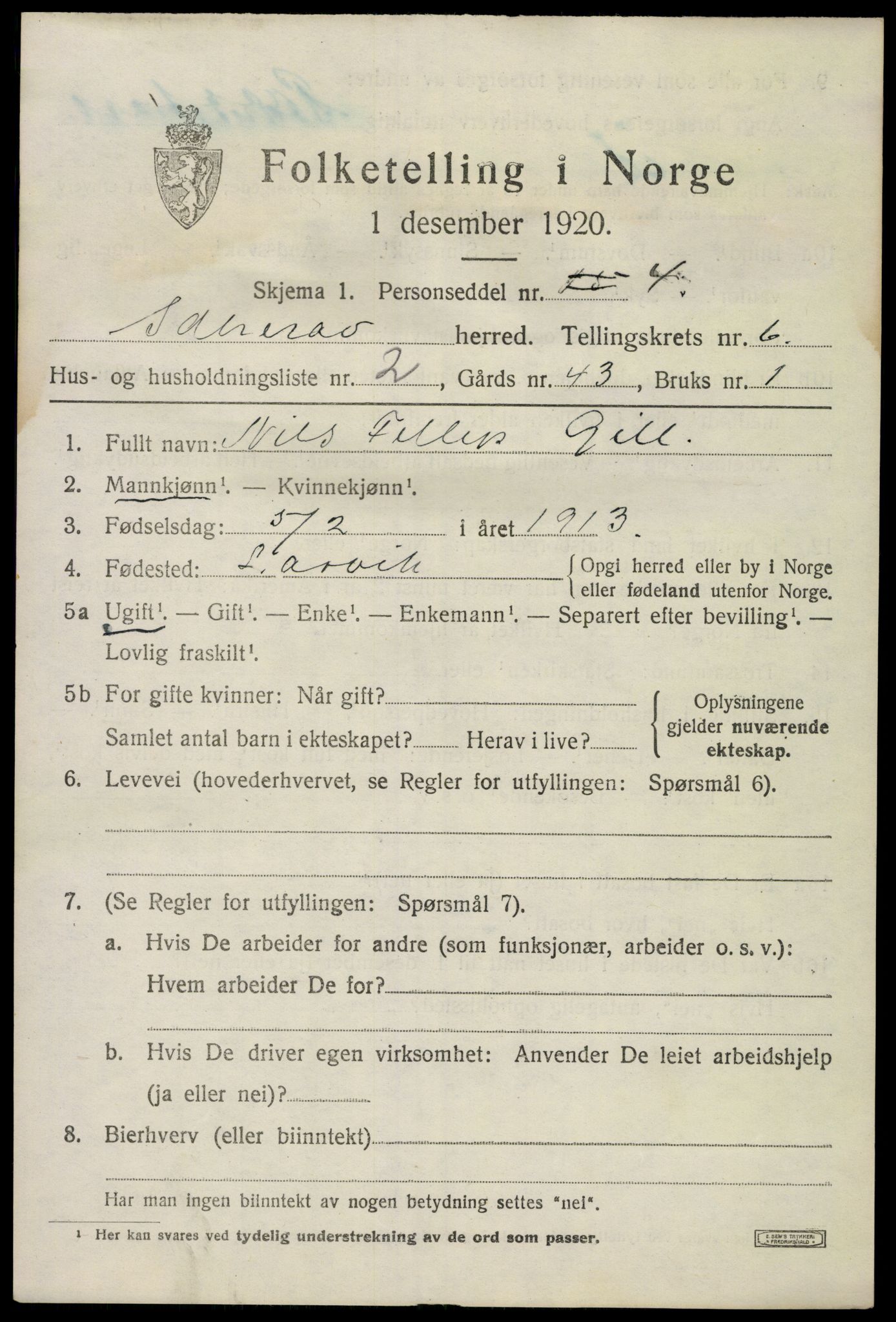 SAKO, 1920 census for Sandeherred, 1920, p. 9588