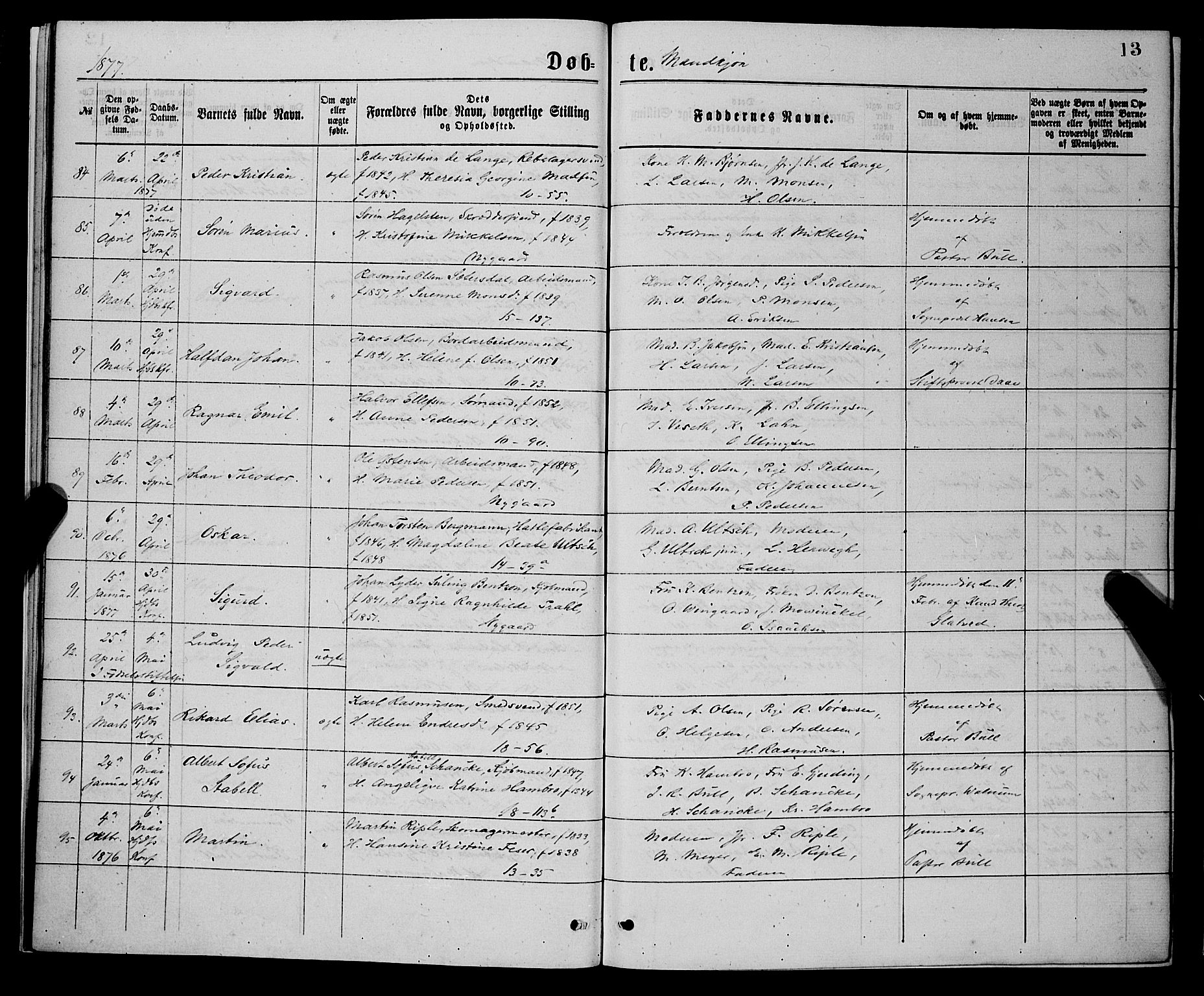 Domkirken sokneprestembete, AV/SAB-A-74801/H/Hab/L0014: Parish register (copy) no. B 7, 1877-1878, p. 13