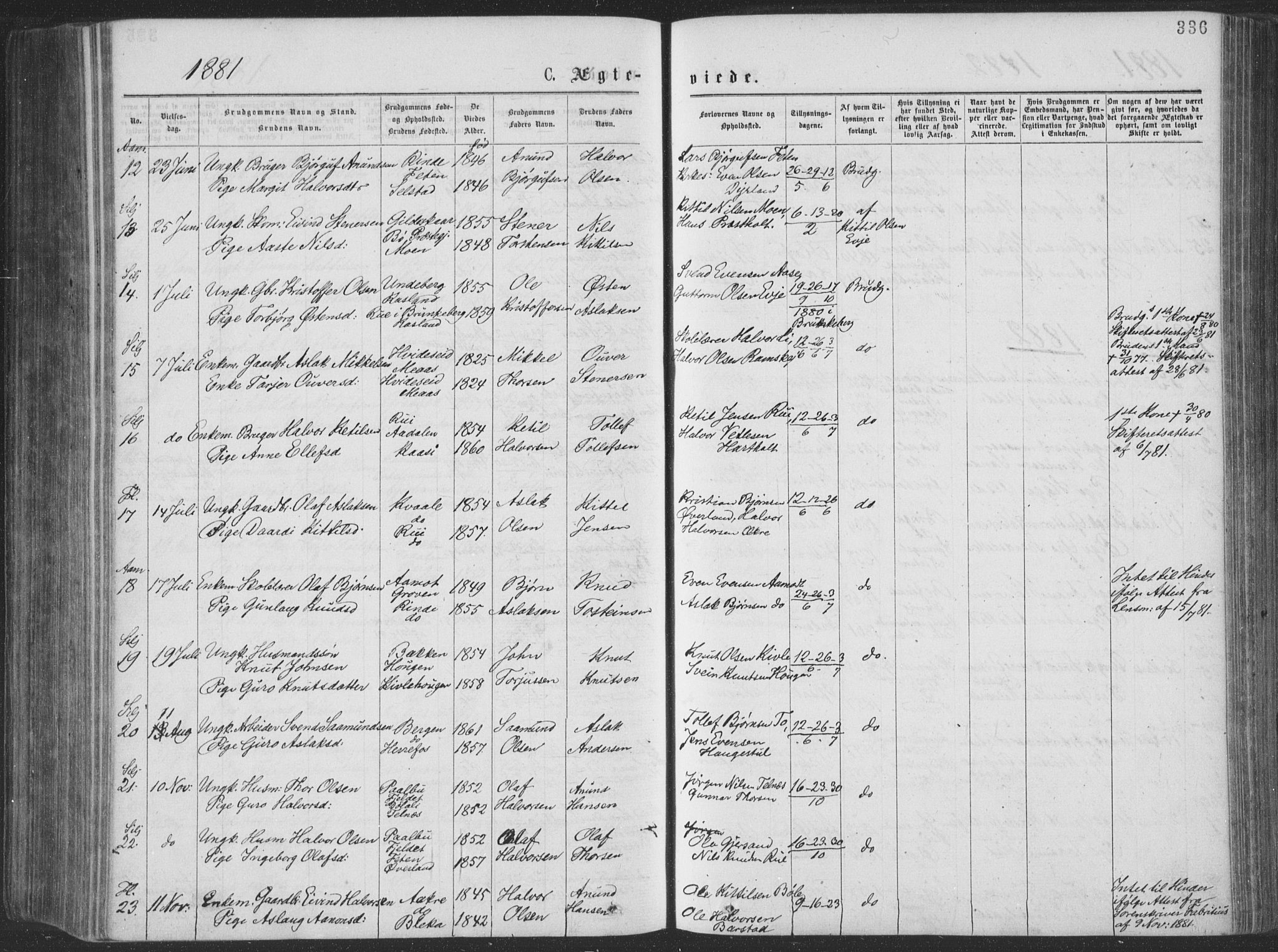 Seljord kirkebøker, AV/SAKO-A-20/F/Fa/L0014: Parish register (official) no. I 14, 1877-1886, p. 336