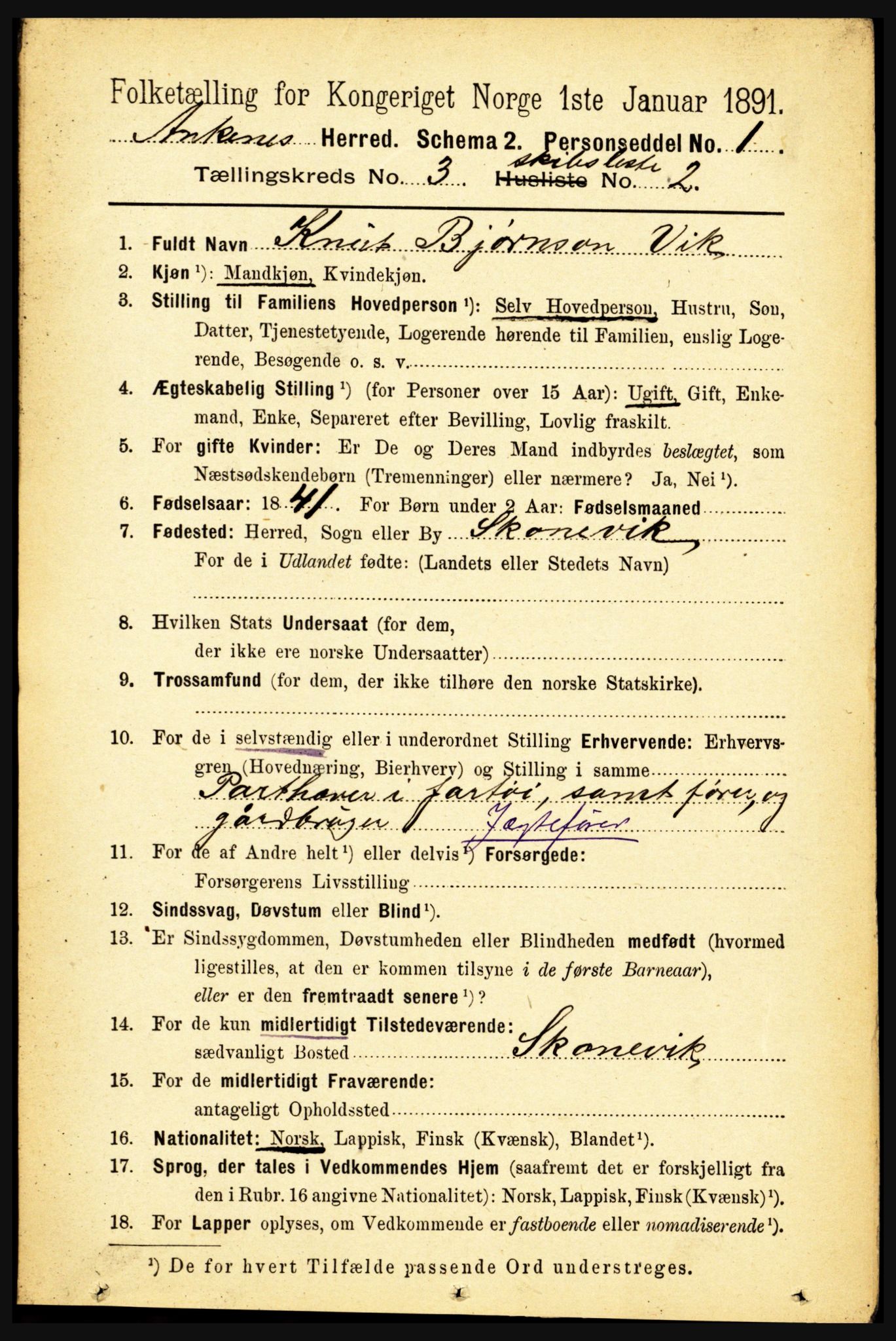 RA, 1891 census for 1855 Ankenes, 1891, p. 2212