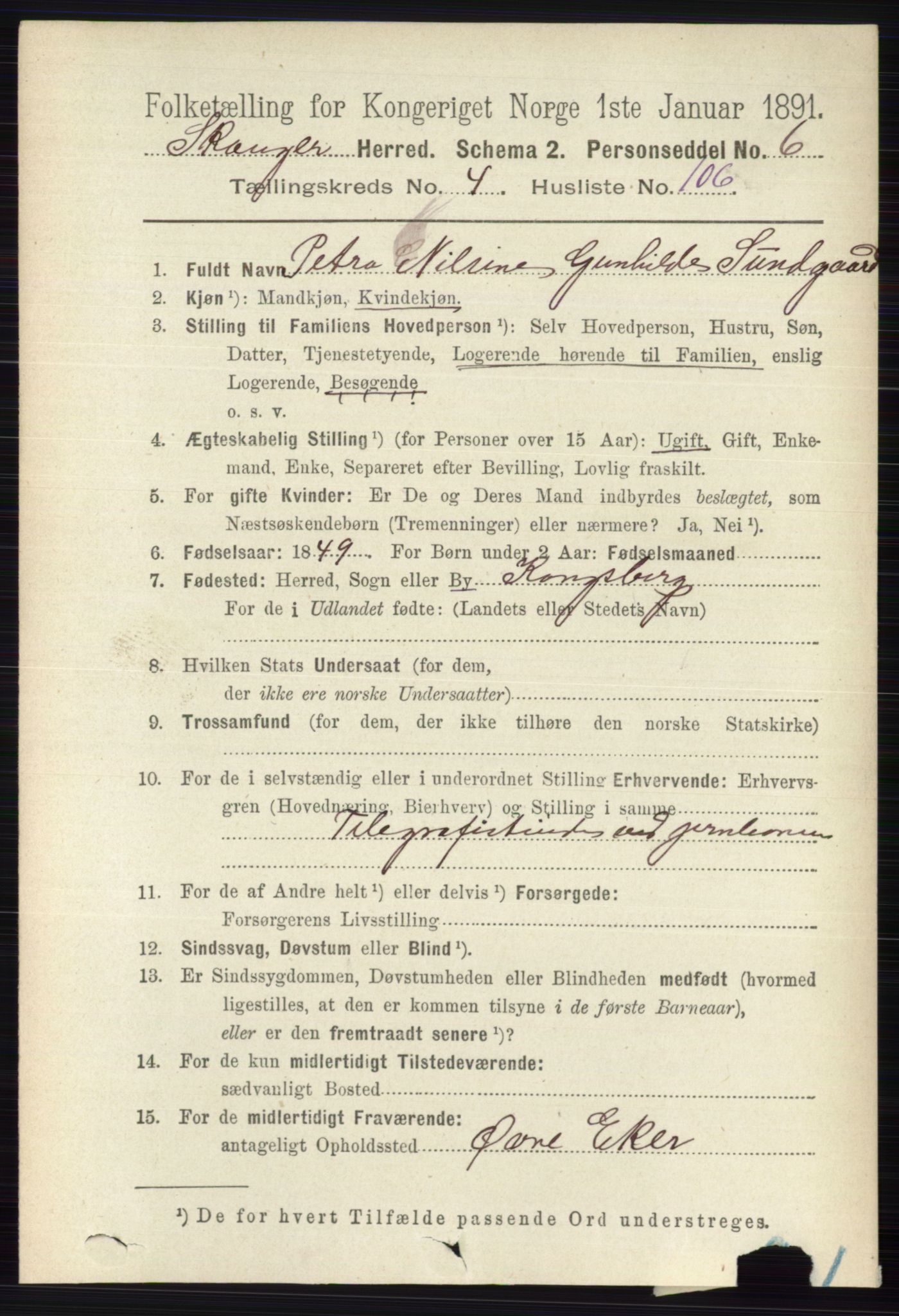 RA, 1891 census for 0712 Skoger, 1891, p. 3000