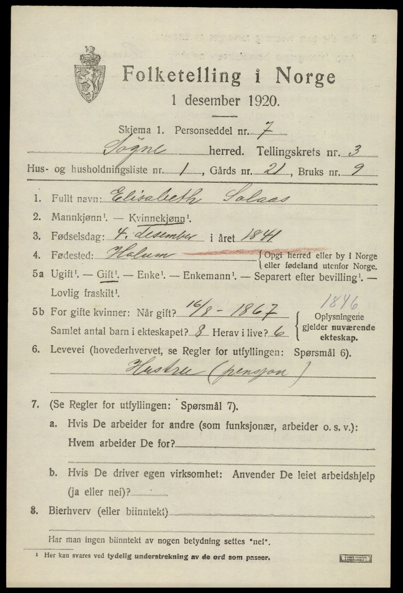 SAK, 1920 census for Søgne, 1920, p. 1653