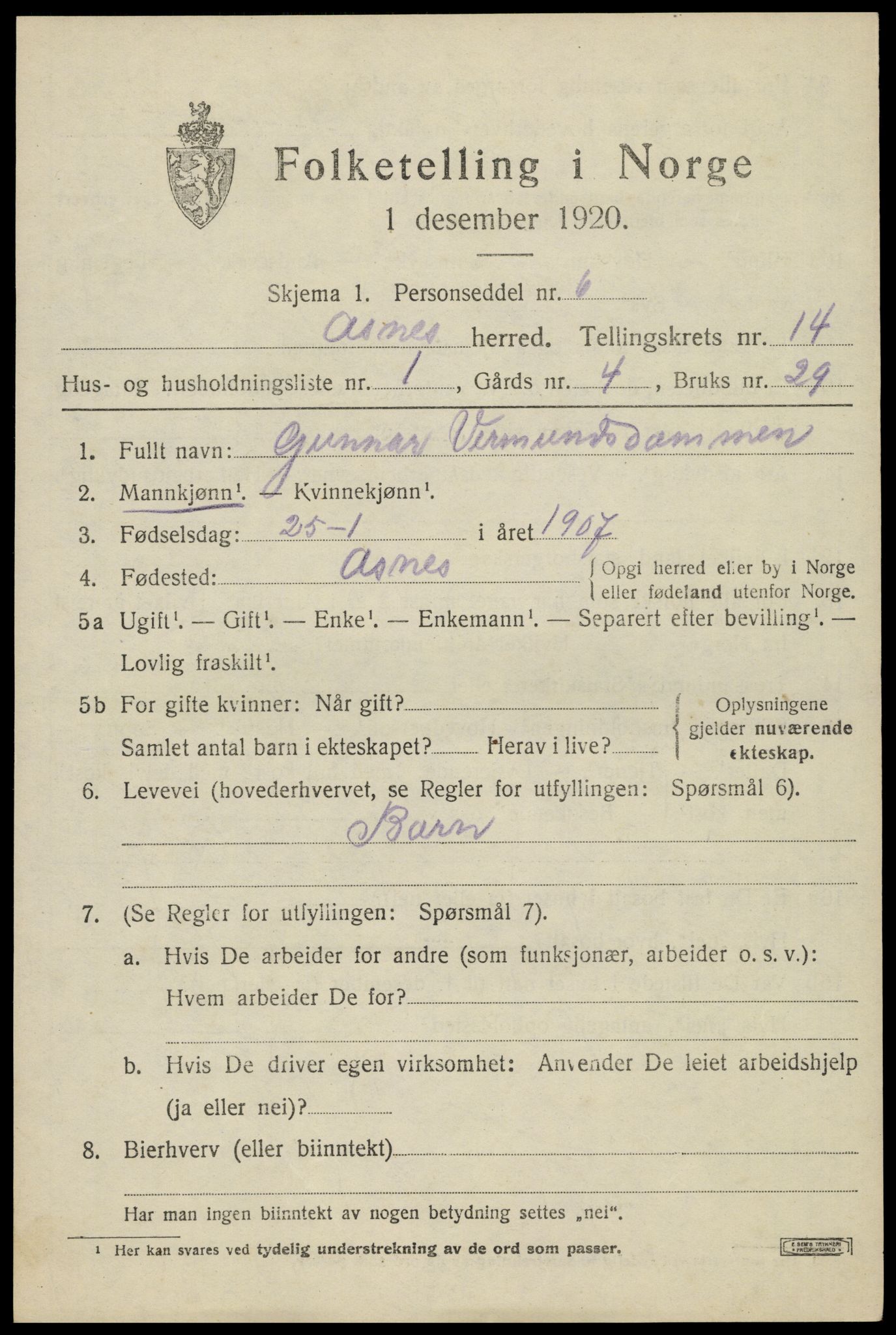 SAH, 1920 census for Åsnes, 1920, p. 13354