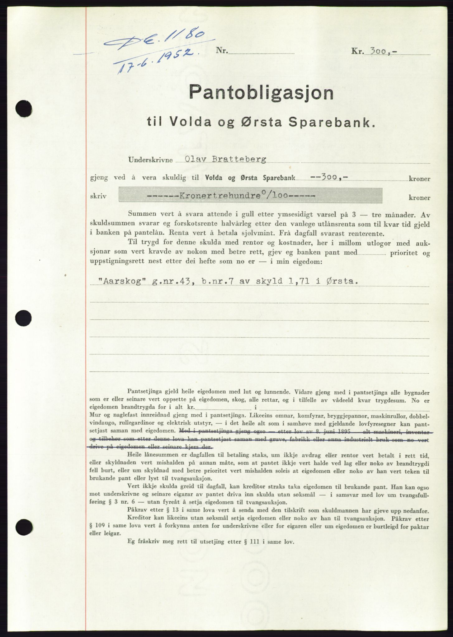 Søre Sunnmøre sorenskriveri, AV/SAT-A-4122/1/2/2C/L0092: Mortgage book no. 18A, 1952-1952, Diary no: : 1180/1952