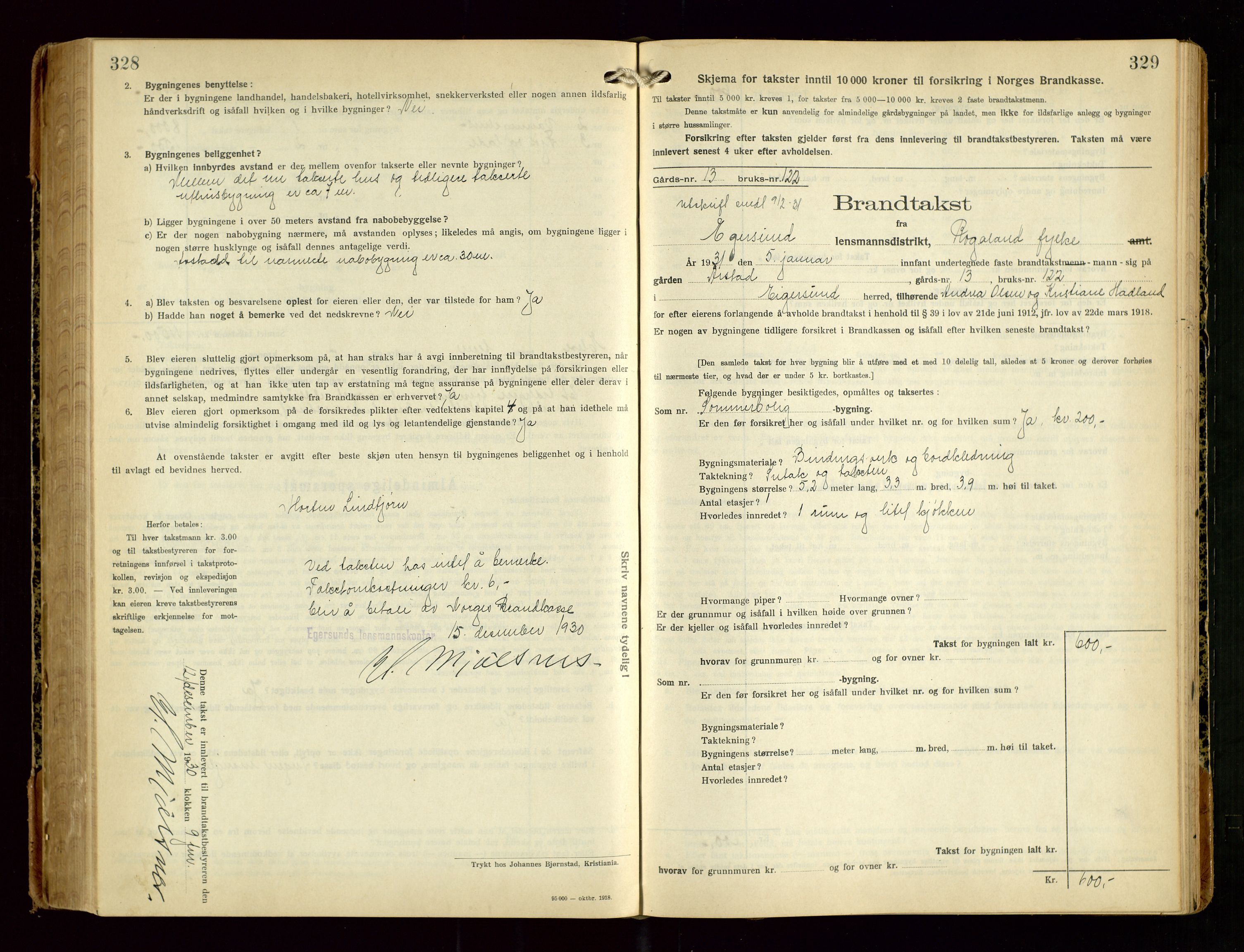 Eigersund lensmannskontor, SAST/A-100171/Gob/L0005: "Brandtakstprotokoll", 1925-1934, p. 328-329