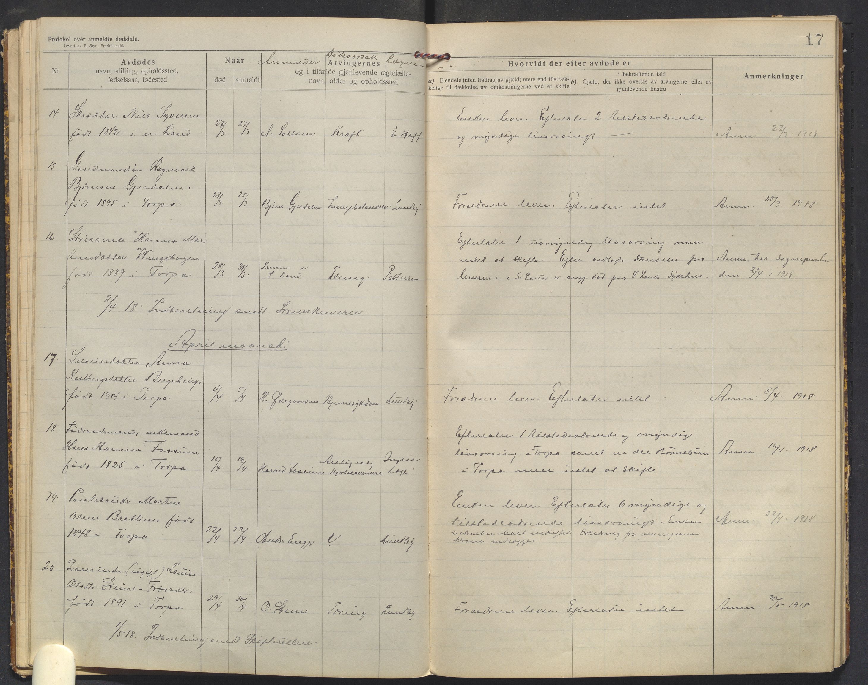 Nordre Land lensmannskontor, AV/SAH-LON-013/H/Ha/Haa/L0001/0003: Dødsfallsprotokoller / Dødsfallsprotokoll, 1916-1921, p. 17