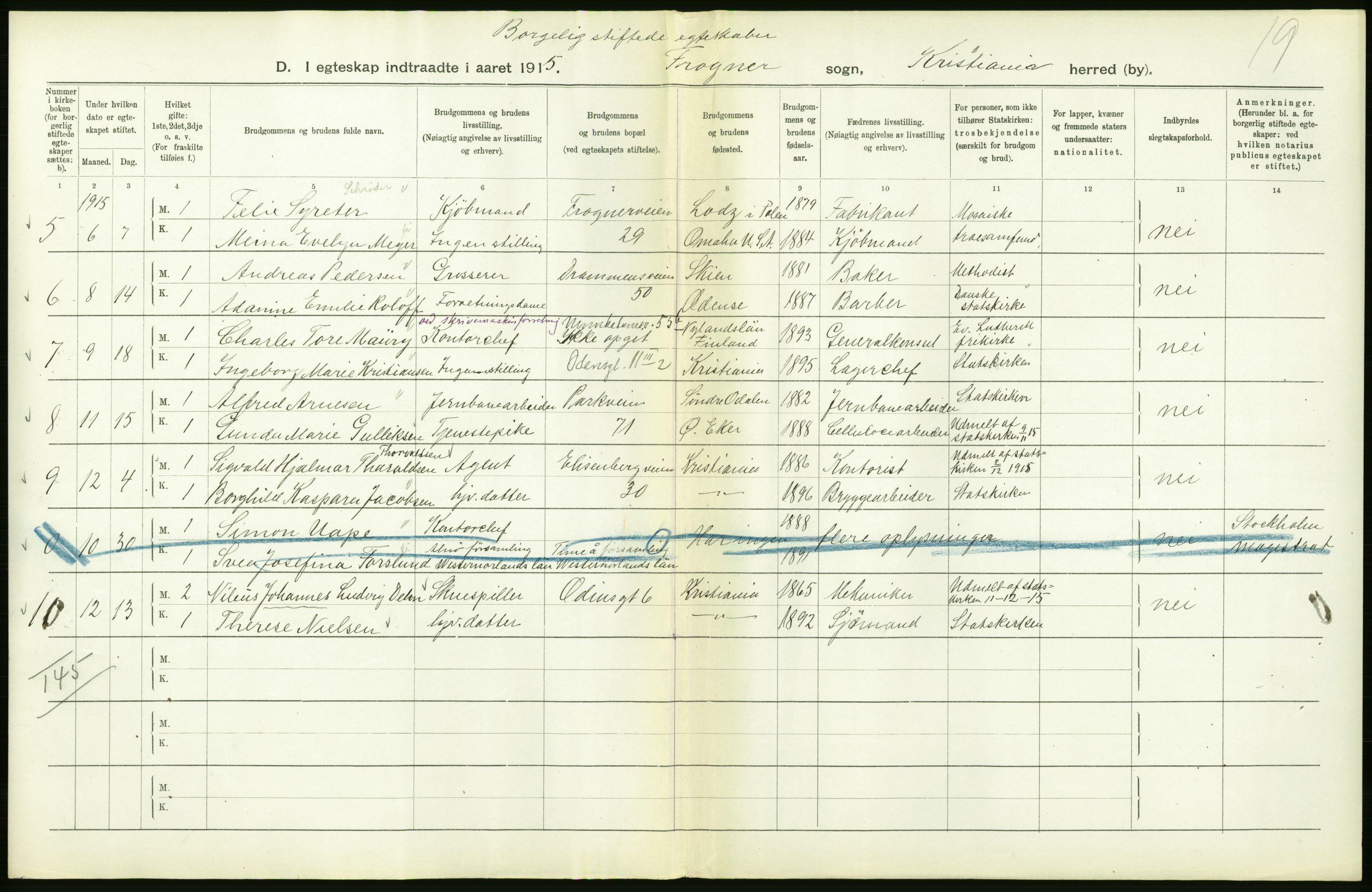 Statistisk sentralbyrå, Sosiodemografiske emner, Befolkning, RA/S-2228/D/Df/Dfb/Dfbe/L0008: Kristiania: Gifte., 1915, p. 248