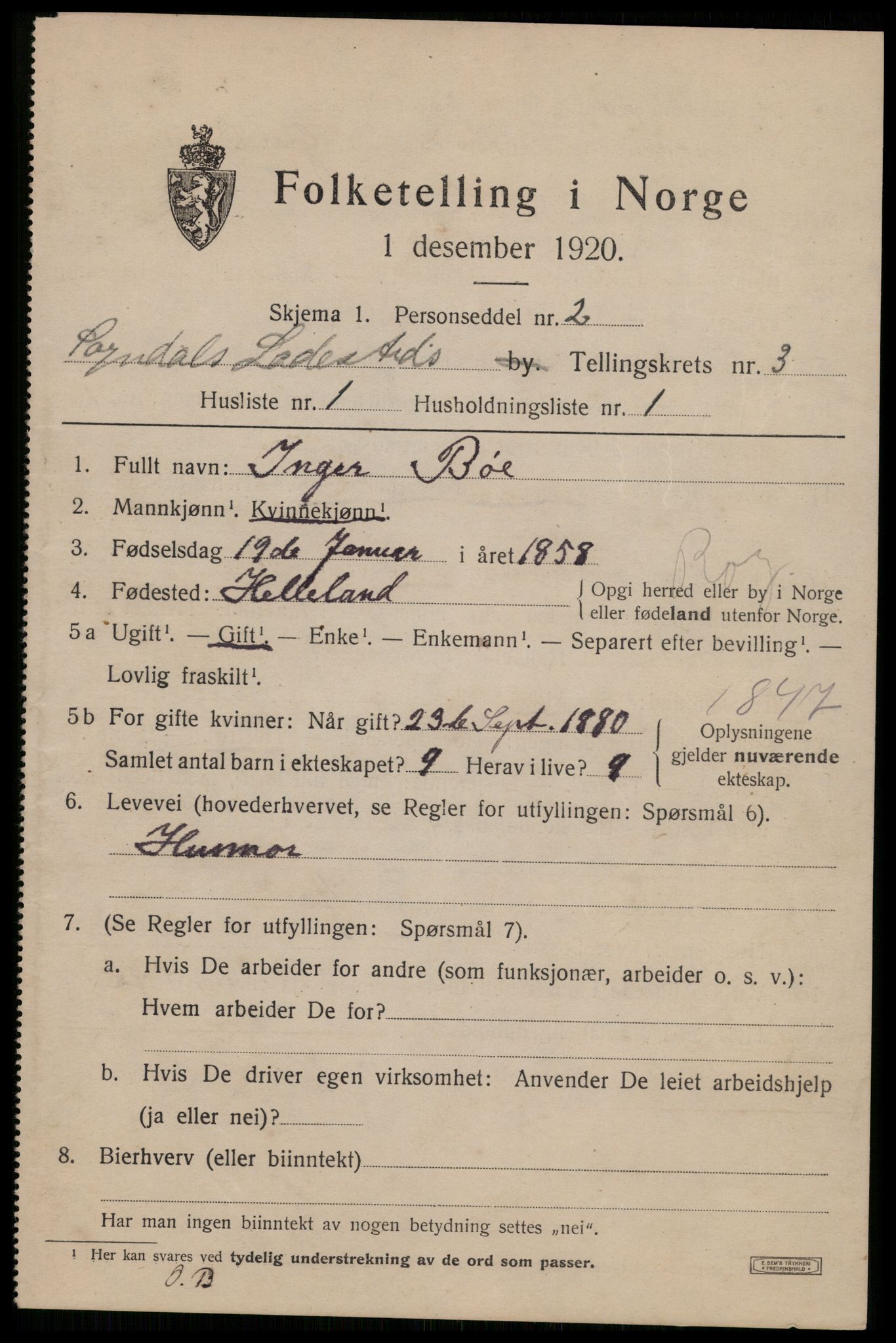 SAST, 1920 census for Sokndal town, 1920, p. 913