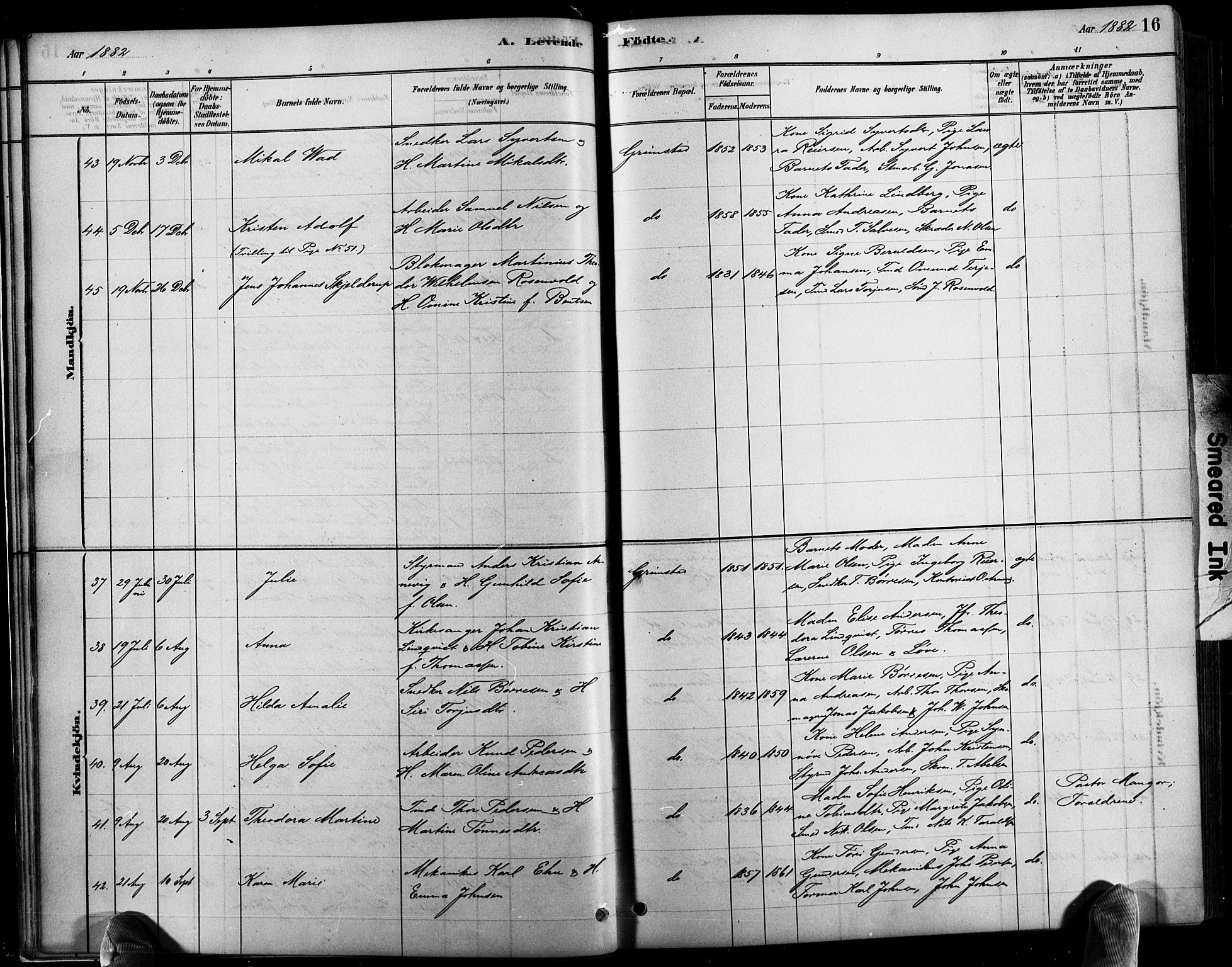 Grimstad sokneprestkontor, AV/SAK-1111-0017/F/Fb/L0001: Parish register (copy) no. B 1, 1881-1922, p. 16