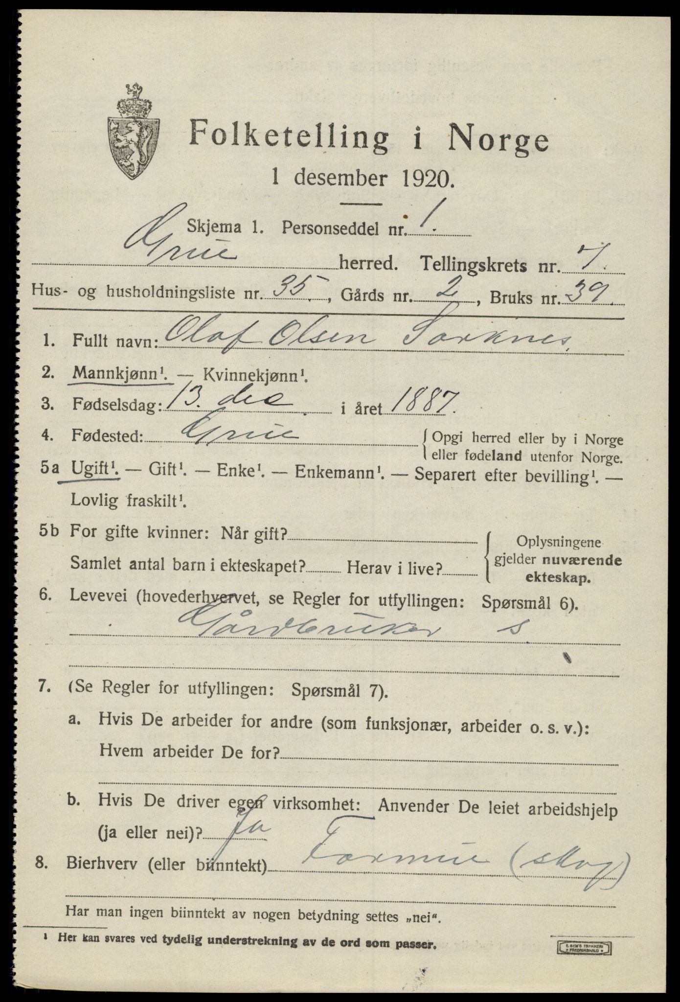 SAH, 1920 census for Grue, 1920, p. 6461