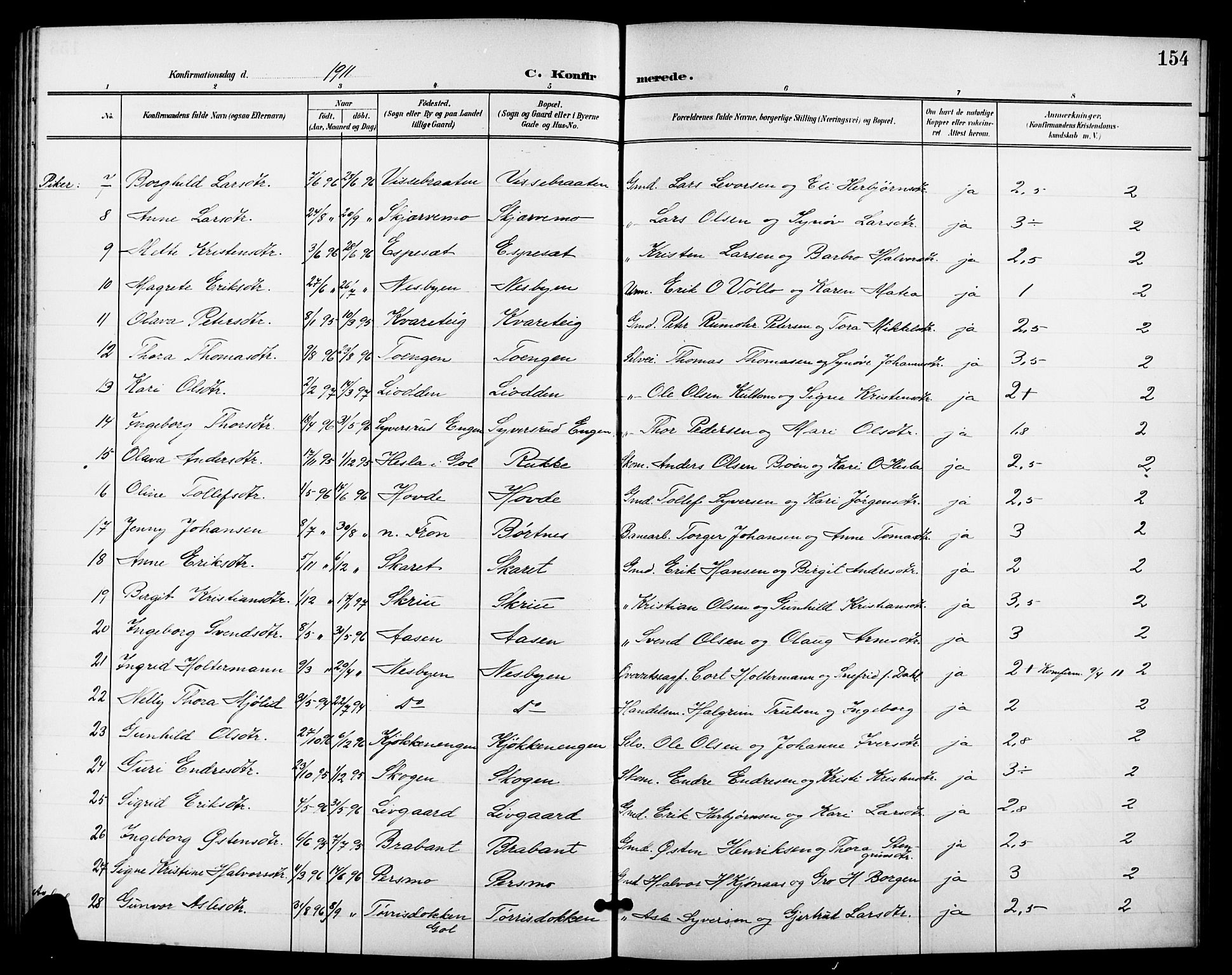 Nes kirkebøker, SAKO/A-236/G/Ga/L0004: Parish register (copy) no. I 4, 1900-1925, p. 154