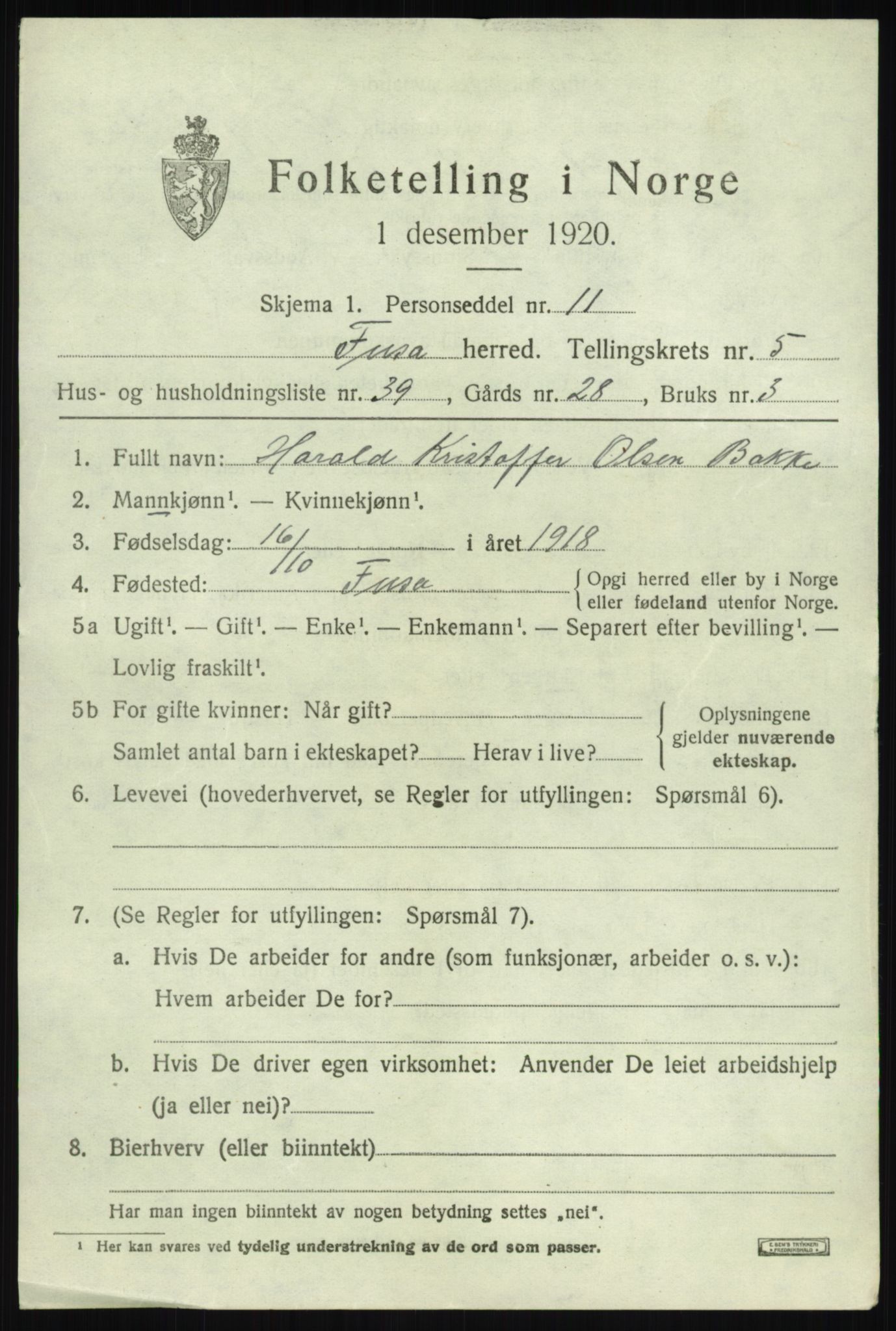 SAB, 1920 census for Fusa, 1920, p. 2457