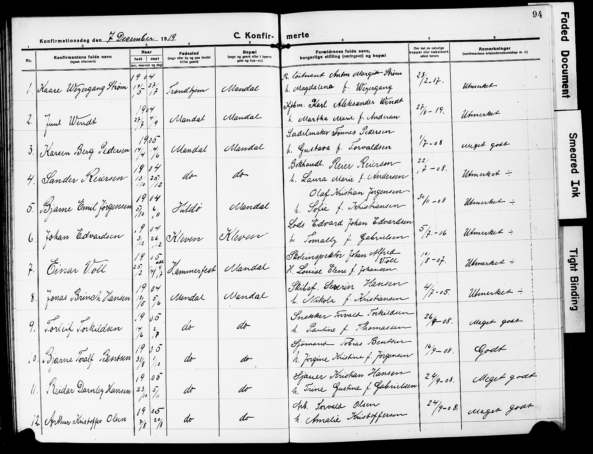 Mandal sokneprestkontor, AV/SAK-1111-0030/F/Fb/Fbc/L0001: Parish register (copy) no. B 1, 1918-1931, p. 94