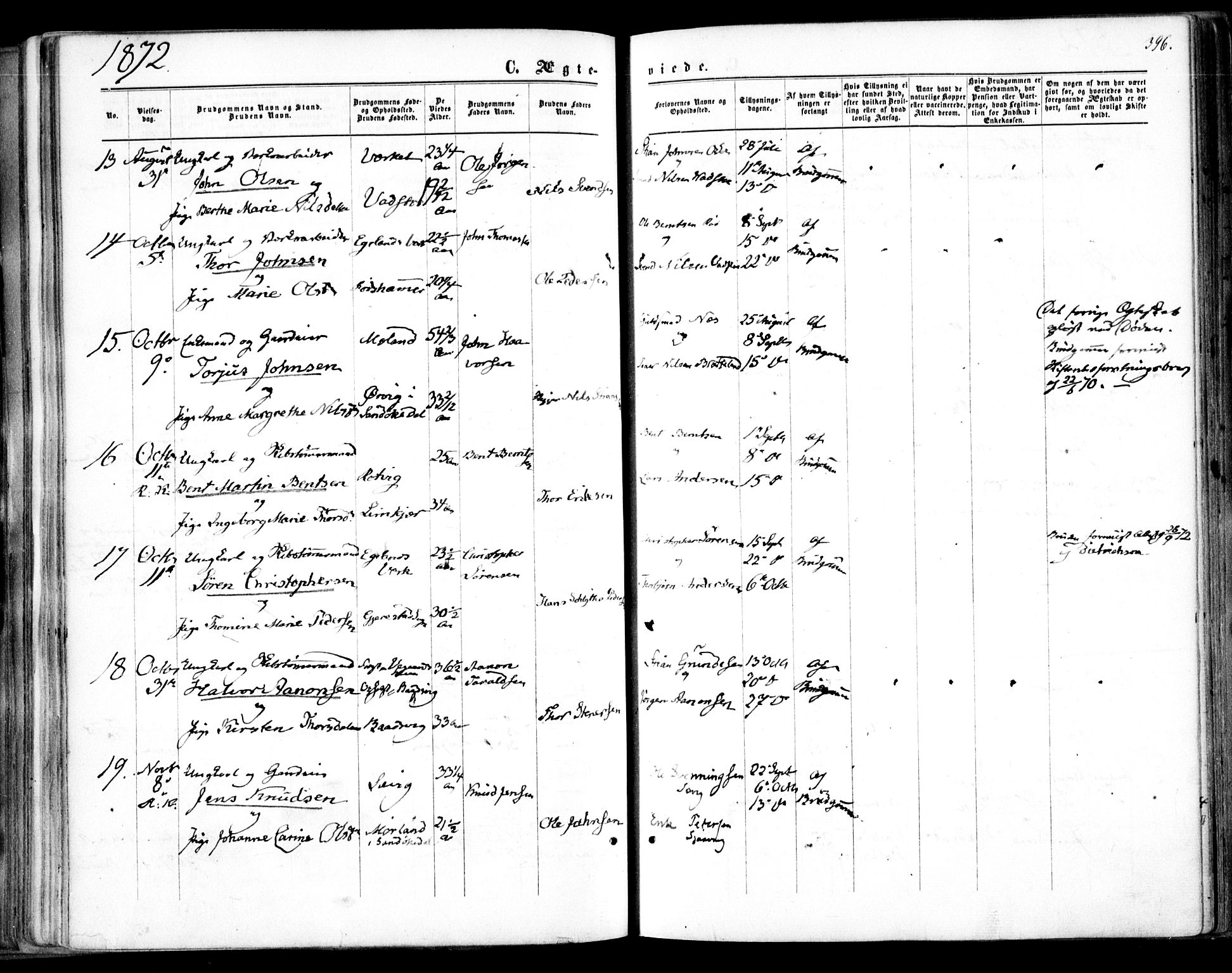 Søndeled sokneprestkontor, SAK/1111-0038/F/Fa/L0003: Parish register (official) no. A 3, 1861-1879, p. 396