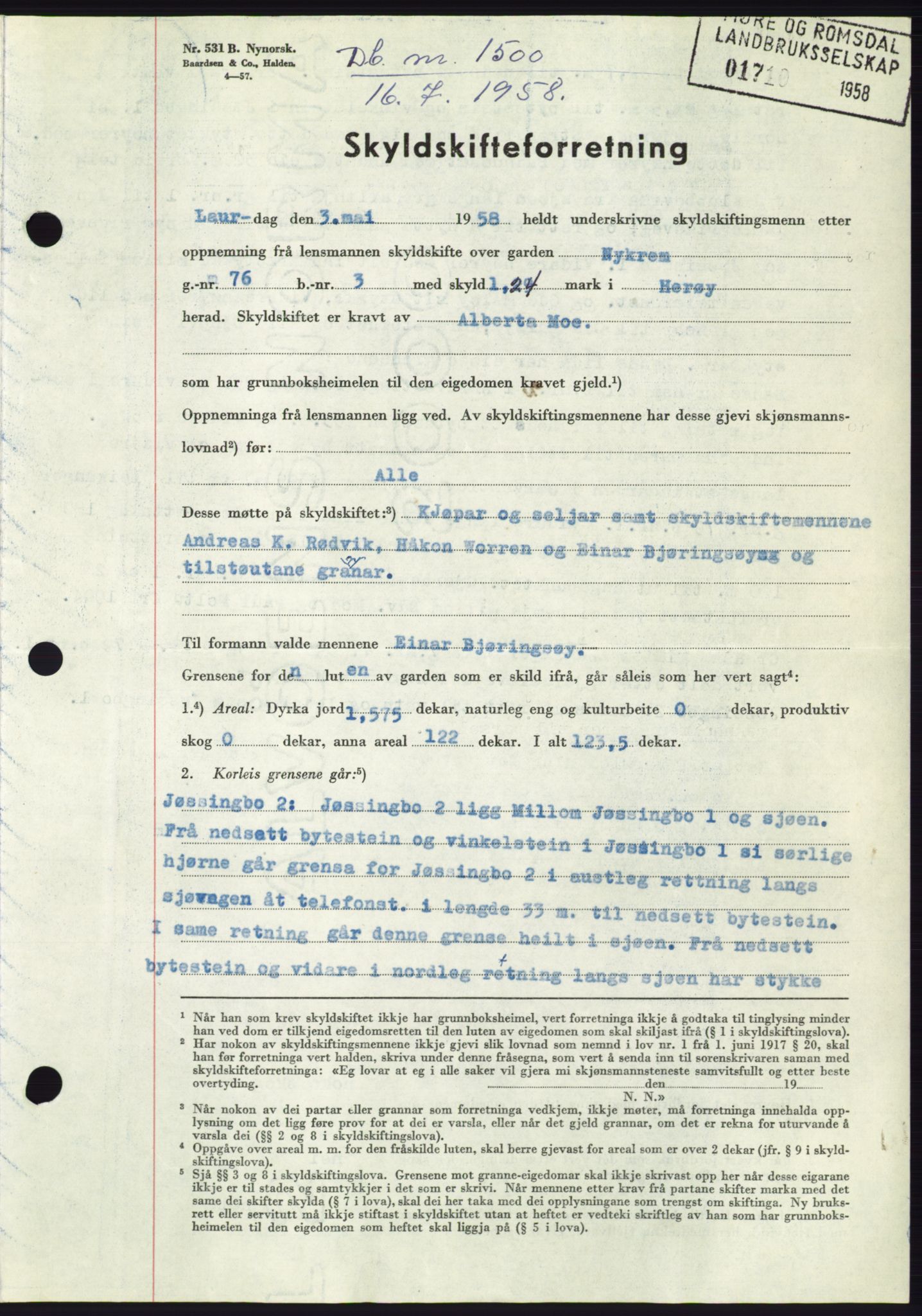 Søre Sunnmøre sorenskriveri, AV/SAT-A-4122/1/2/2C/L0110: Mortgage book no. 36A, 1958-1958, Diary no: : 1500/1958