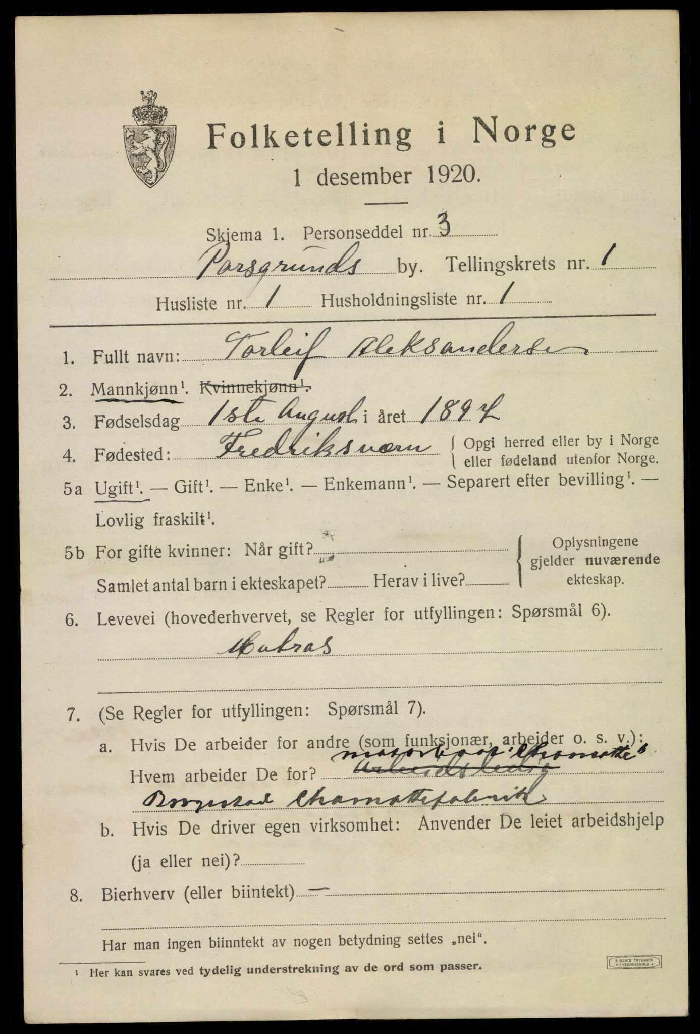 SAKO, 1920 census for Porsgrunn, 1920, p. 7109