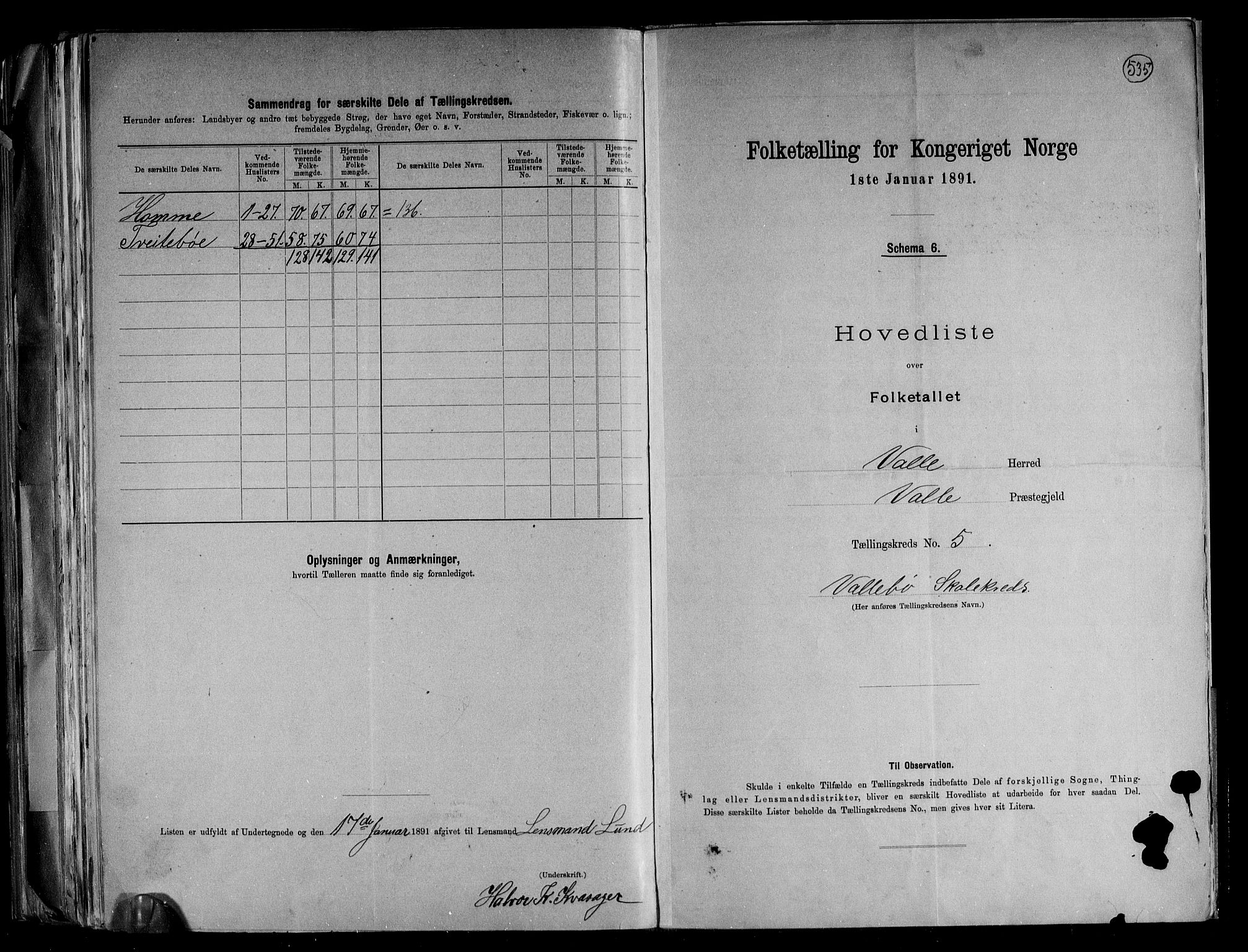 RA, 1891 census for 0940 Valle, 1891, p. 13