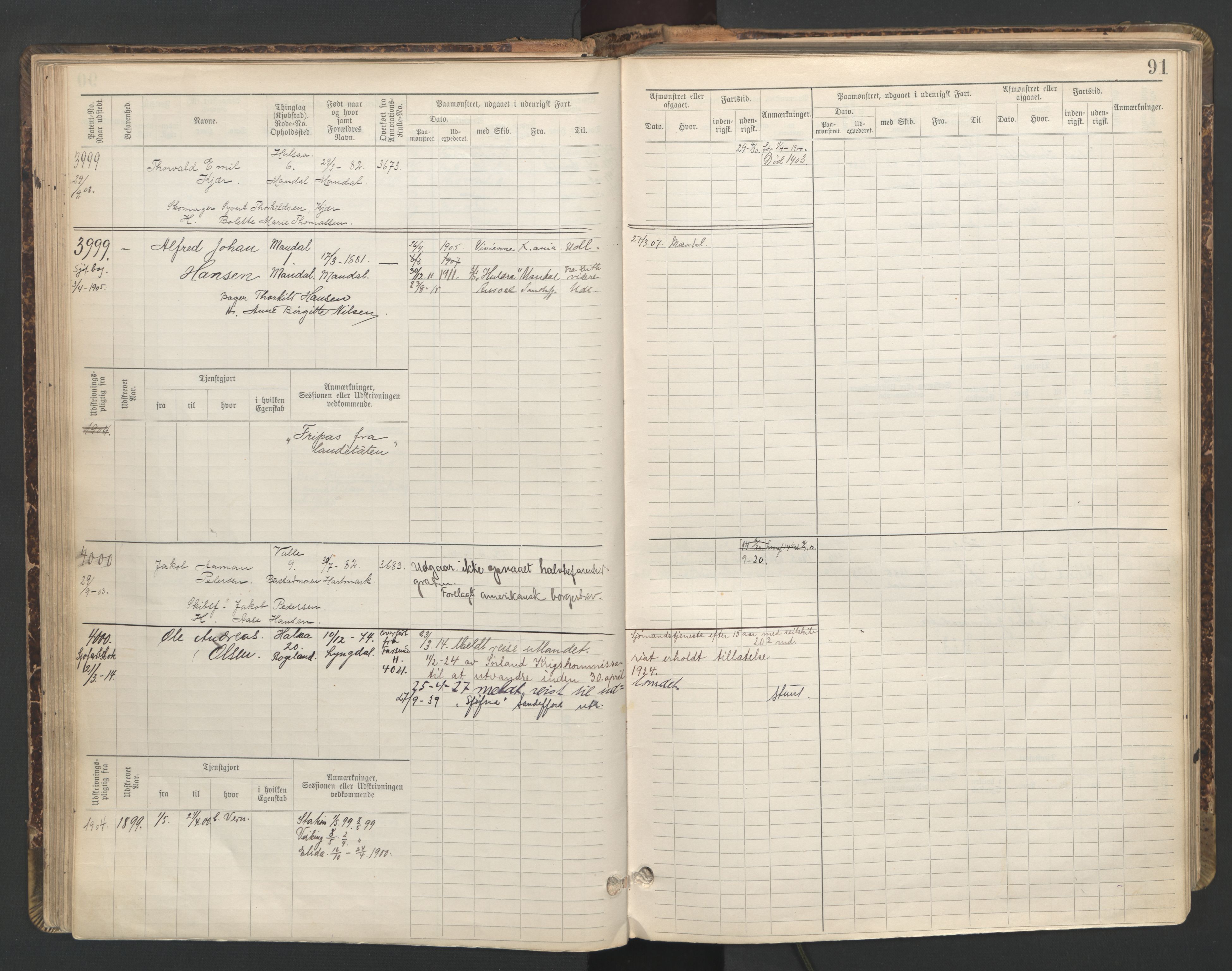 Mandal mønstringskrets, AV/SAK-2031-0016/F/Fb/L0016: Hovedrulle nr 3820-4582, Y-25, 1898-1948, p. 92