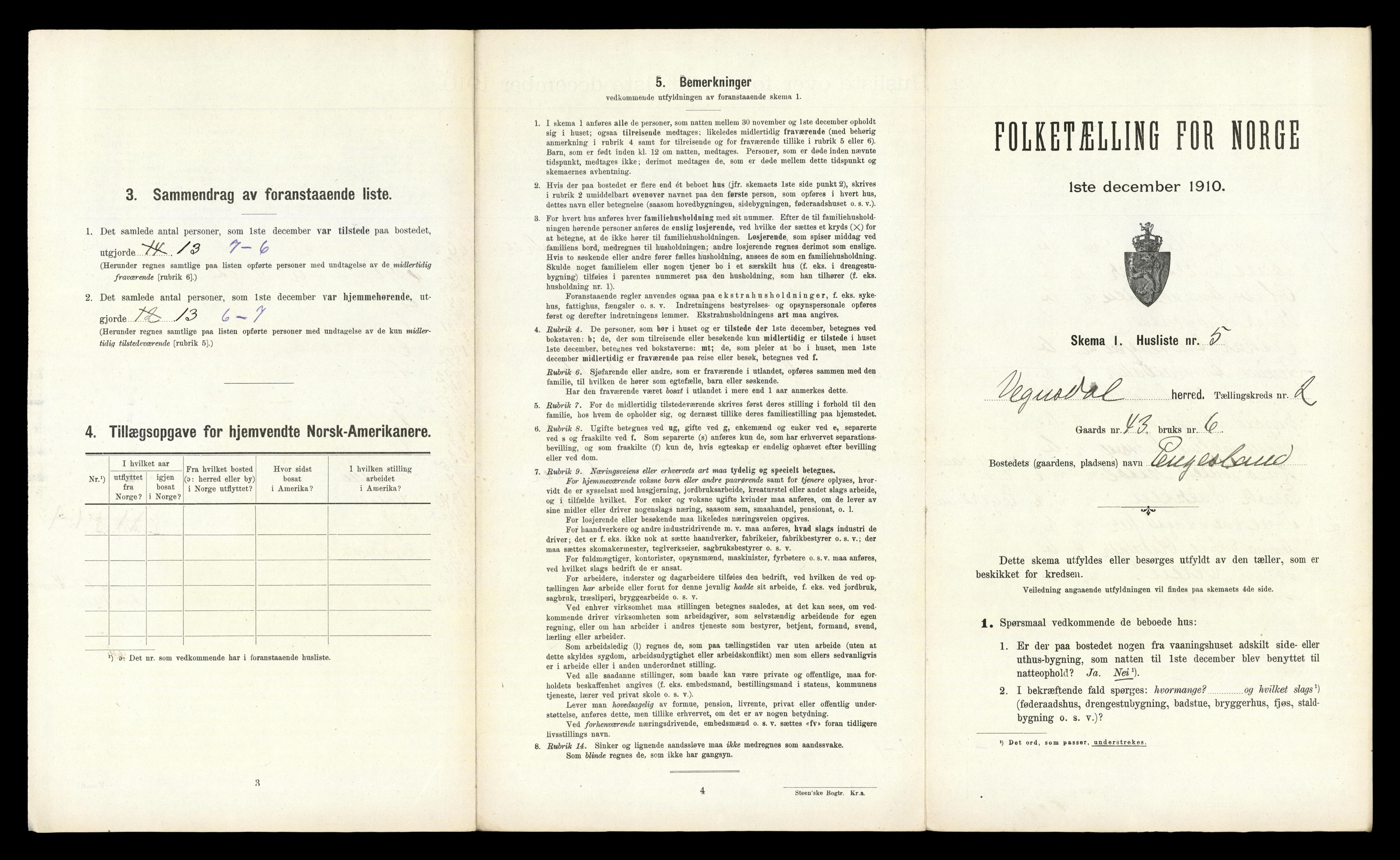 RA, 1910 census for Vegusdal, 1910, p. 103