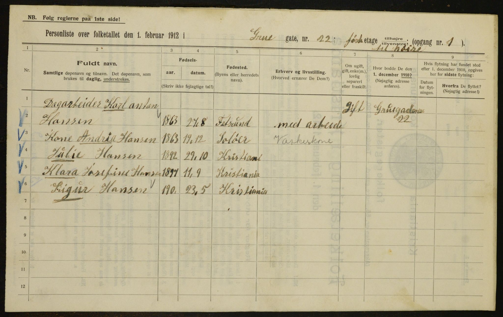 OBA, Municipal Census 1912 for Kristiania, 1912, p. 30465