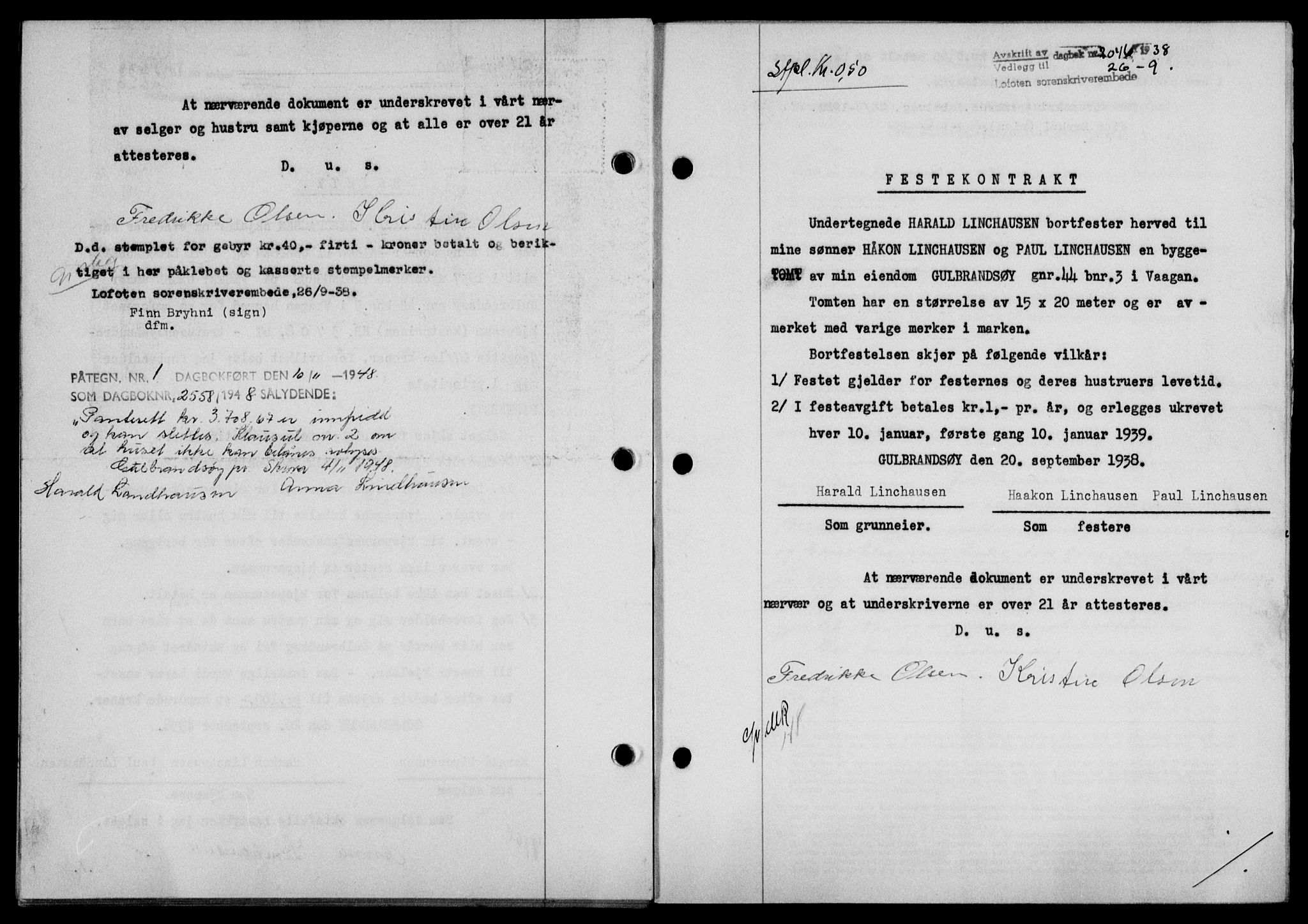 Lofoten sorenskriveri, SAT/A-0017/1/2/2C/L0004a: Mortgage book no. 4a, 1938-1938, Diary no: : 2046/1938