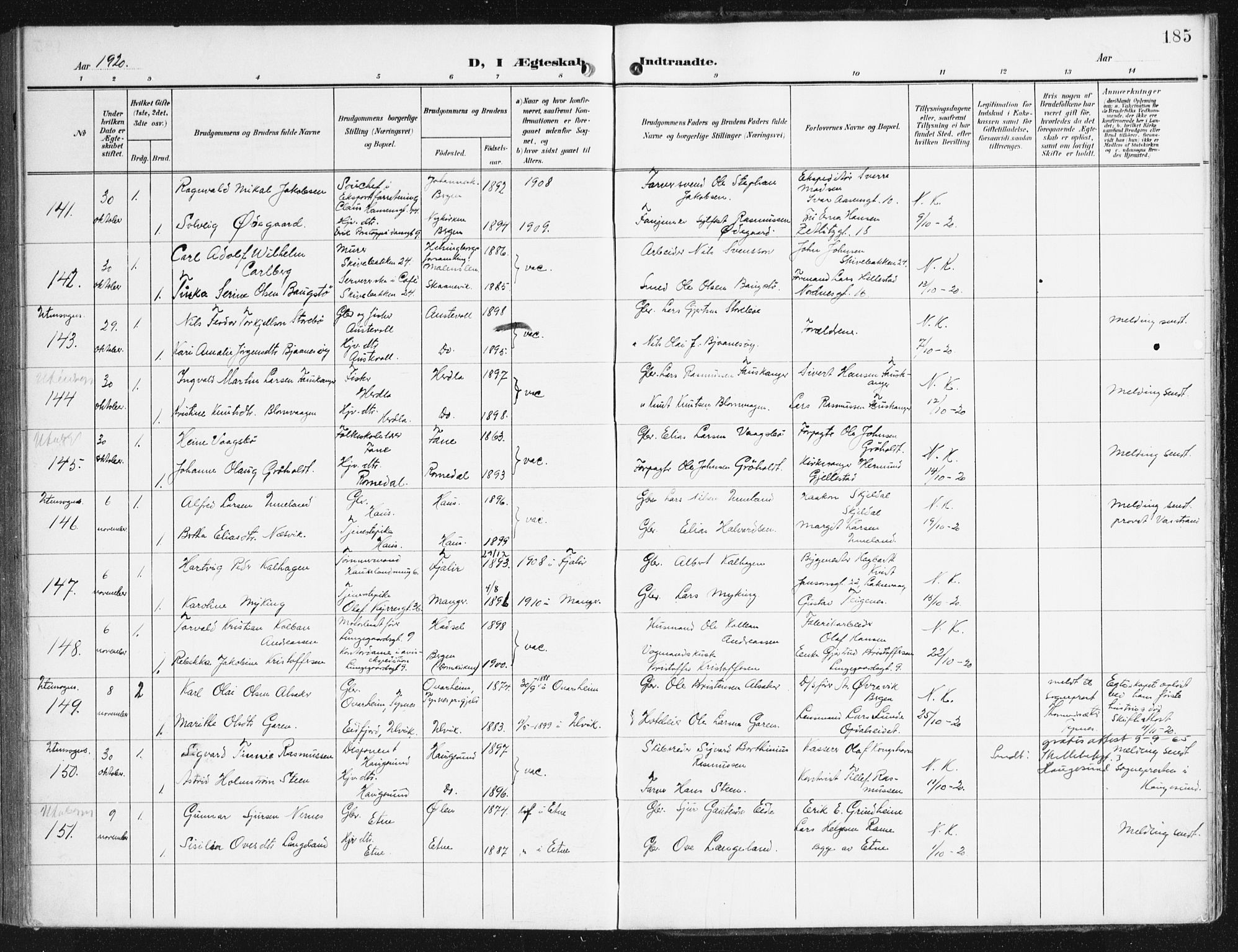 Domkirken sokneprestembete, AV/SAB-A-74801/H/Haa/L0038: Parish register (official) no. D 5, 1906-1921, p. 185