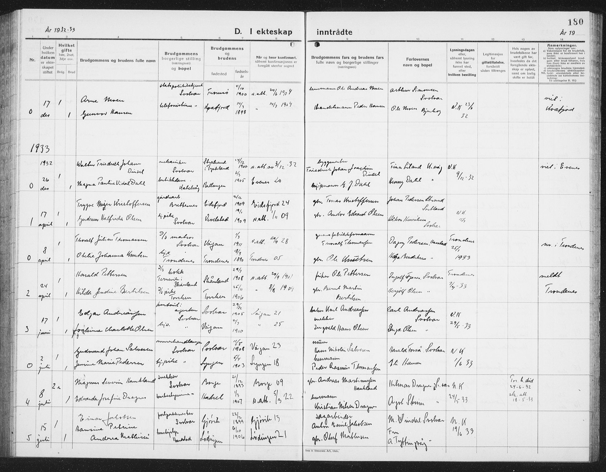 Ministerialprotokoller, klokkerbøker og fødselsregistre - Nordland, AV/SAT-A-1459/877/L1117: Parish register (copy) no. 877C01, 1923-1942, p. 180