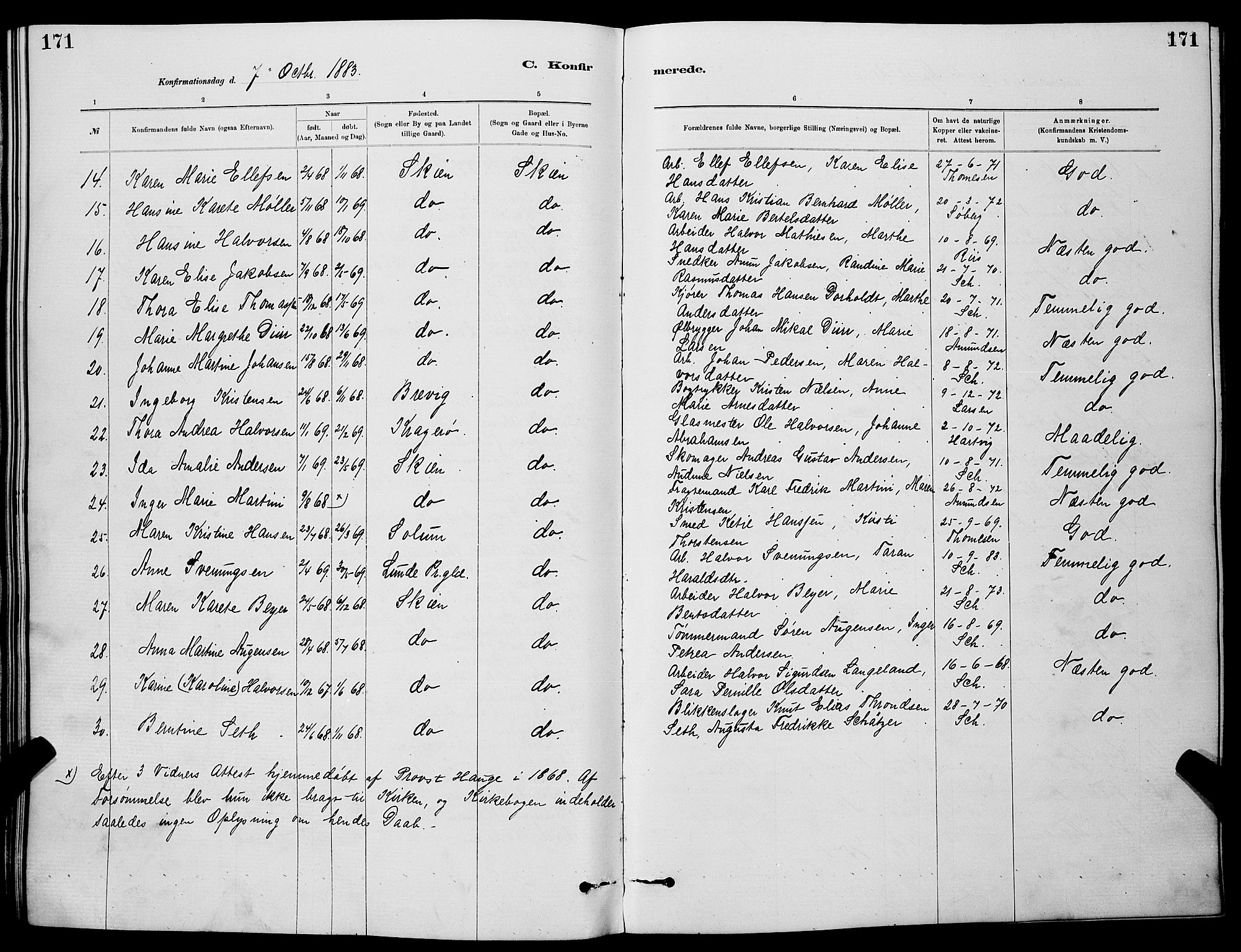 Skien kirkebøker, SAKO/A-302/G/Ga/L0006: Parish register (copy) no. 6, 1881-1890, p. 171