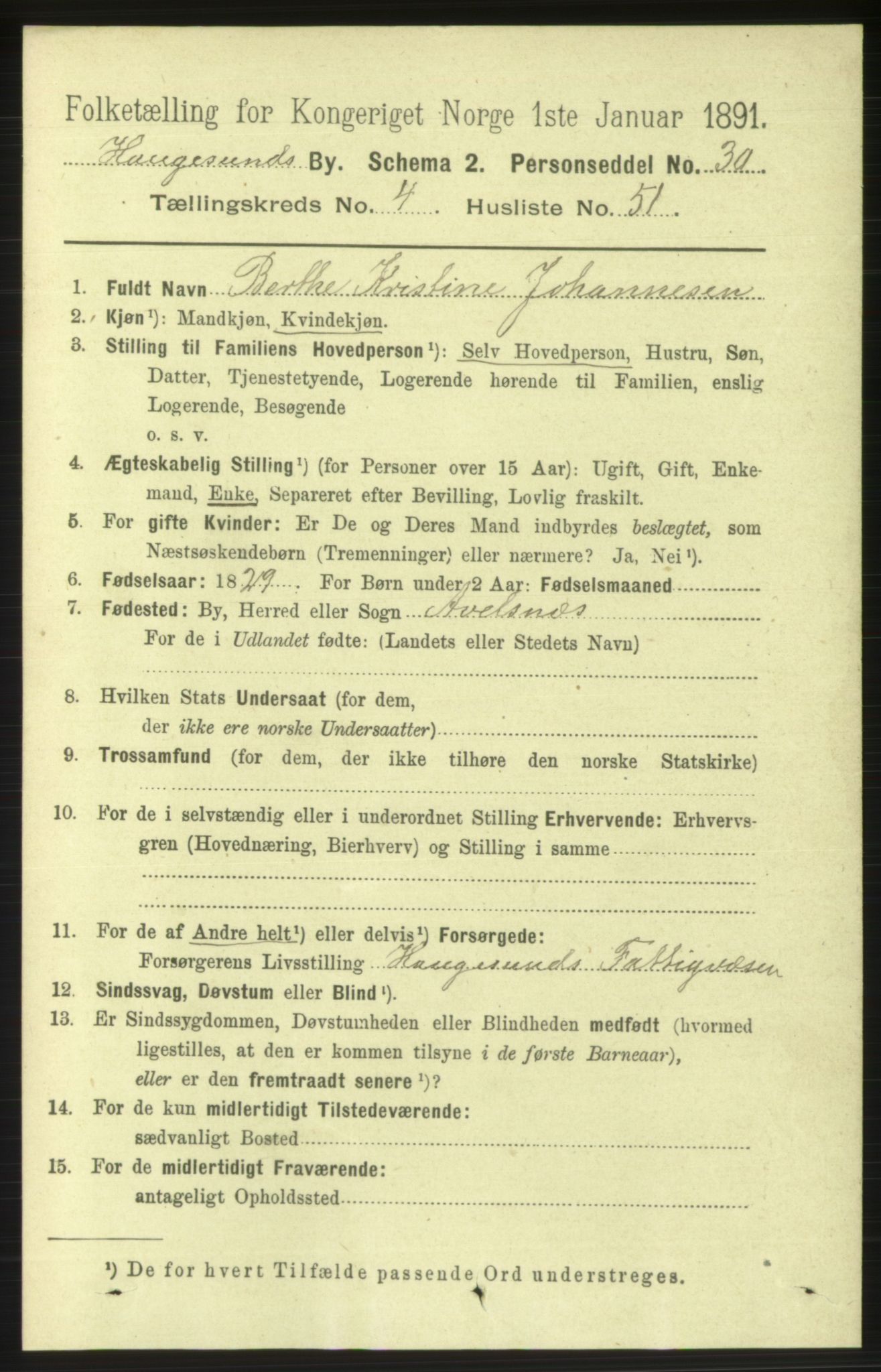 RA, 1891 census for 1106 Haugesund, 1891, p. 1928