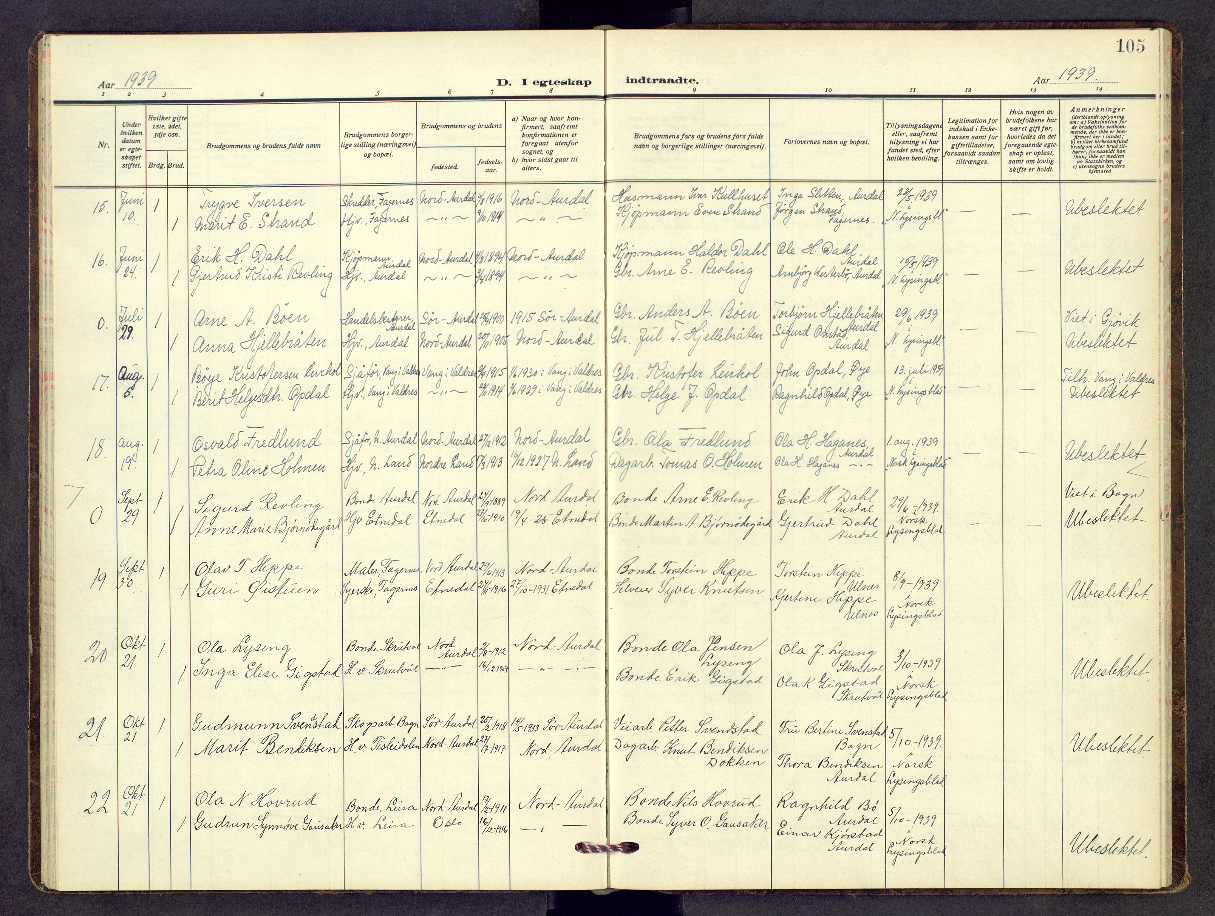 Nord-Aurdal prestekontor, AV/SAH-PREST-132/H/Ha/Hab/L0017: Parish register (copy) no. 17, 1933-1946, p. 105