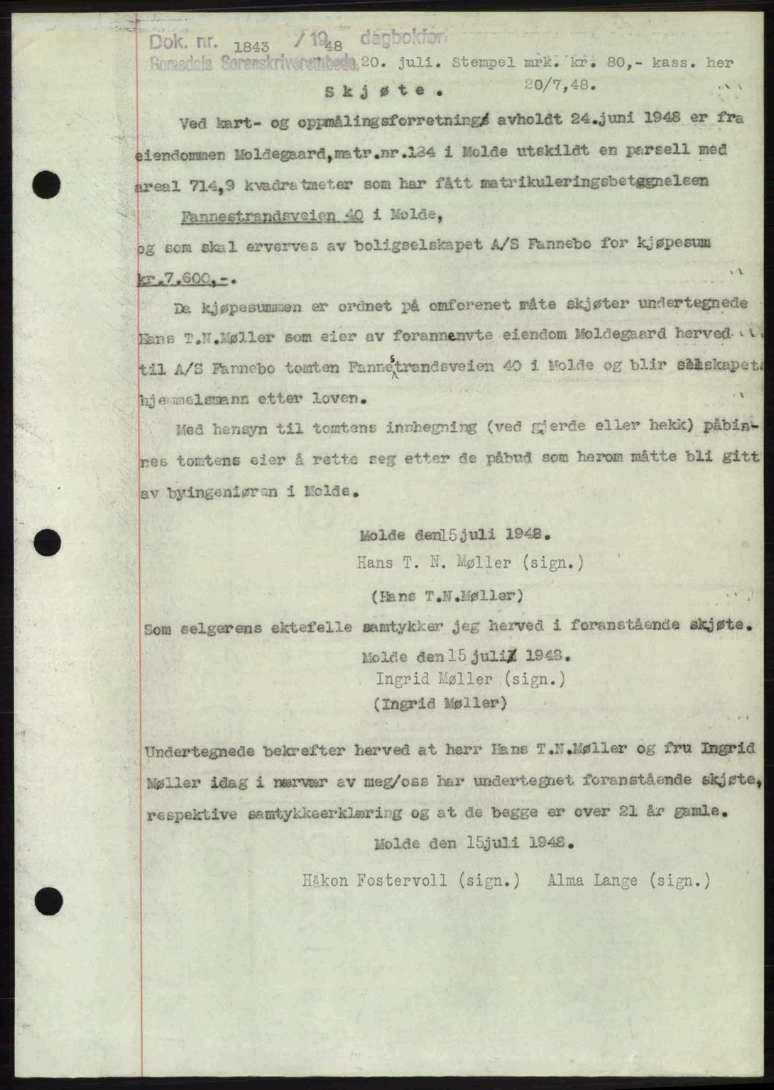 Romsdal sorenskriveri, AV/SAT-A-4149/1/2/2C: Mortgage book no. A26, 1948-1948, Diary no: : 1843/1948