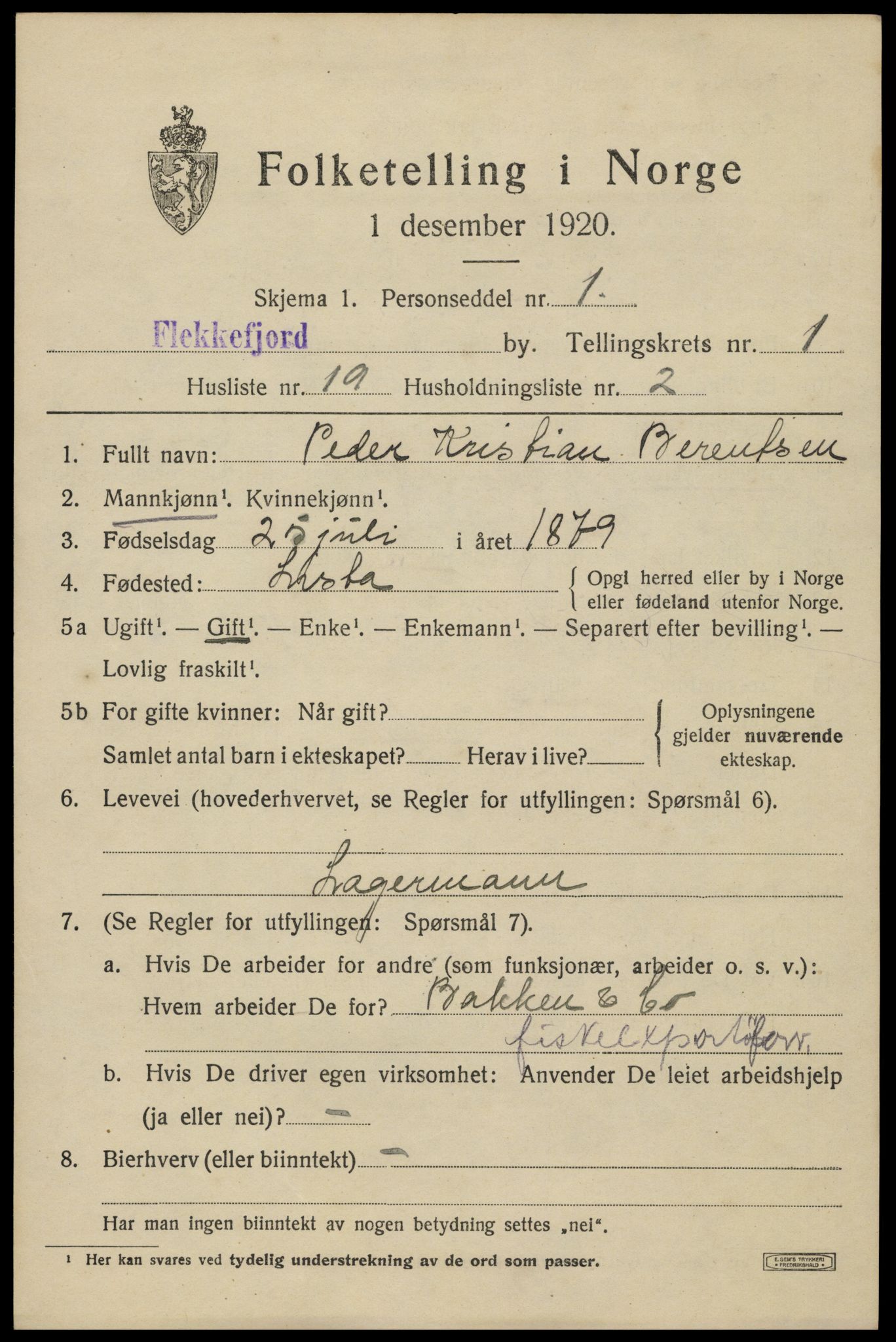 SAK, 1920 census for Flekkefjord, 1920, p. 2068