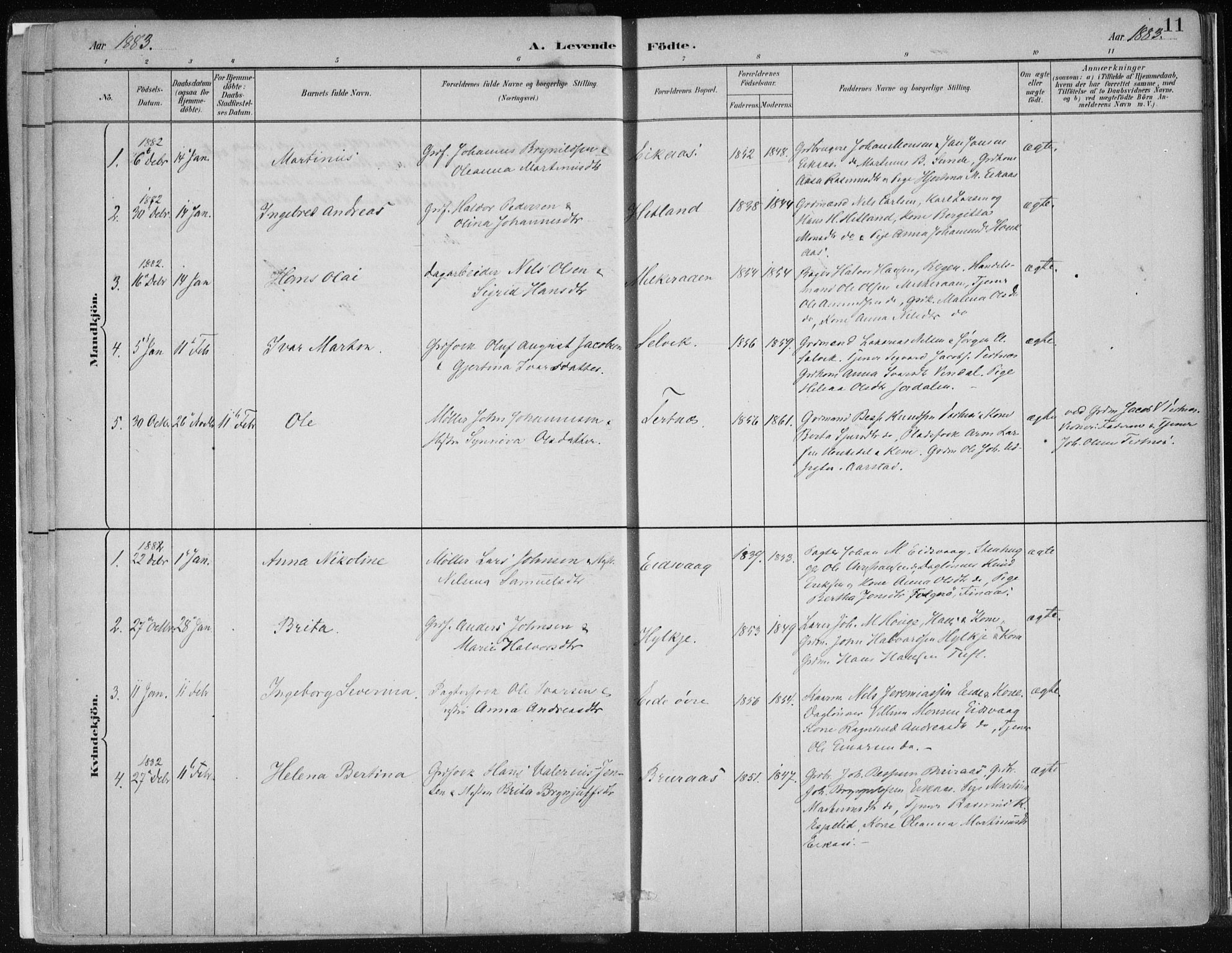 Hamre sokneprestembete, SAB/A-75501/H/Ha/Haa/Haad/L0001: Parish register (official) no. D  1, 1882-1906, p. 11