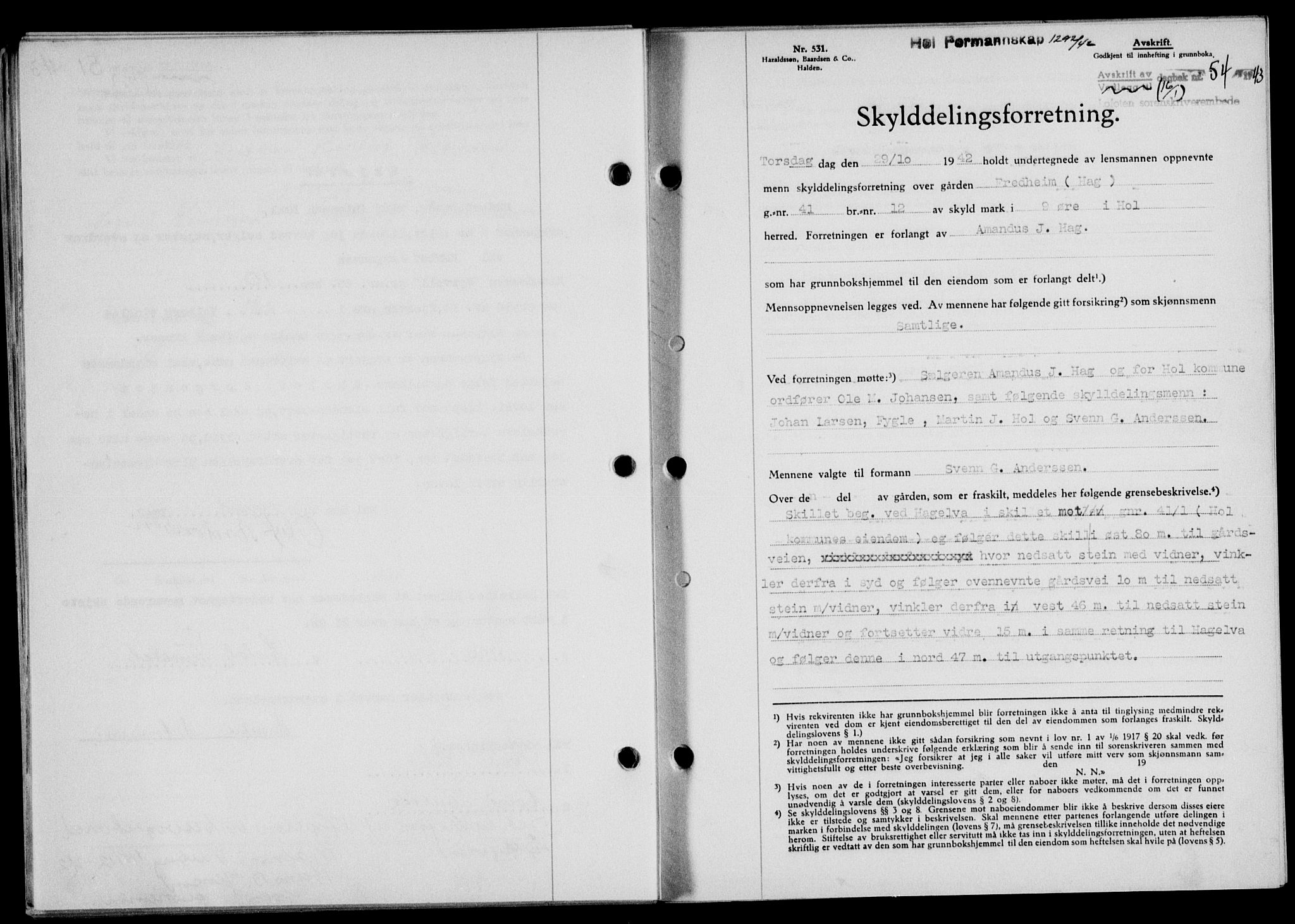 Lofoten sorenskriveri, SAT/A-0017/1/2/2C/L0010a: Mortgage book no. 10a, 1942-1943, Diary no: : 54/1943