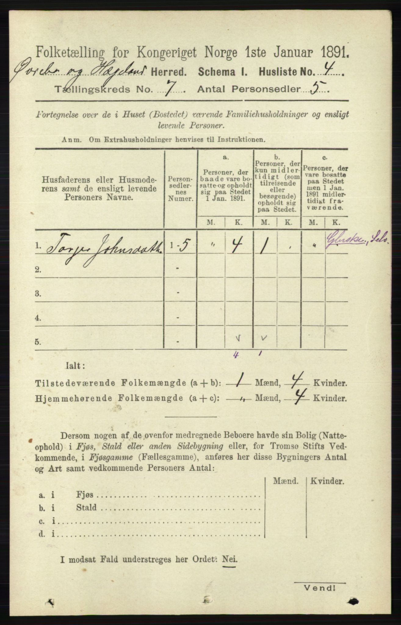 RA, 1891 census for 1016 Øvrebø og Hægeland, 1891, p. 1315