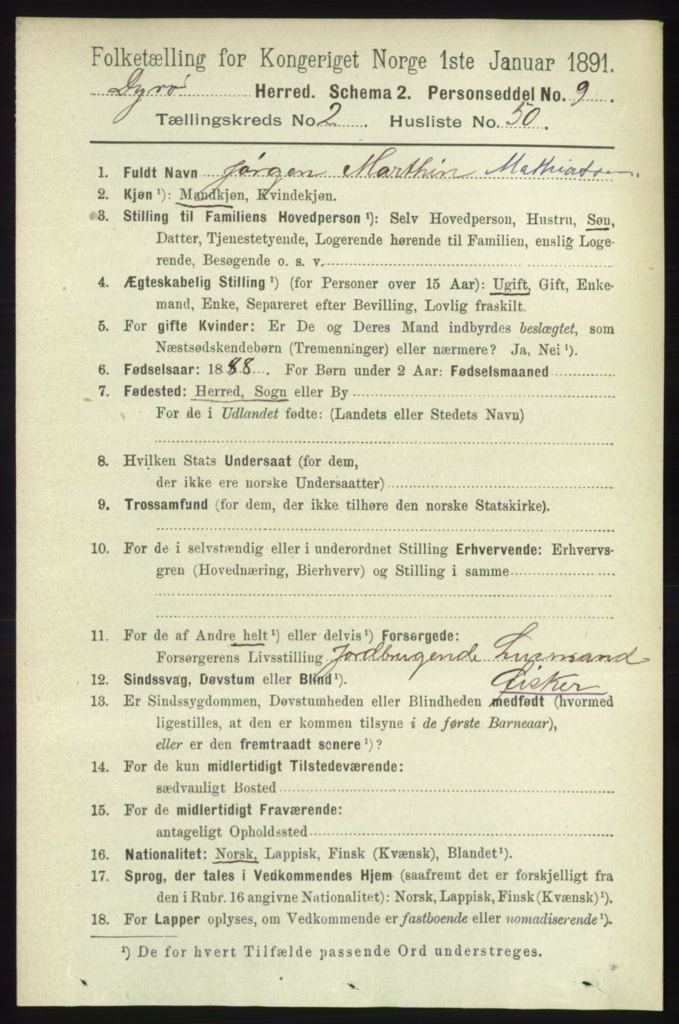 RA, 1891 census for 1926 Dyrøy, 1891, p. 898