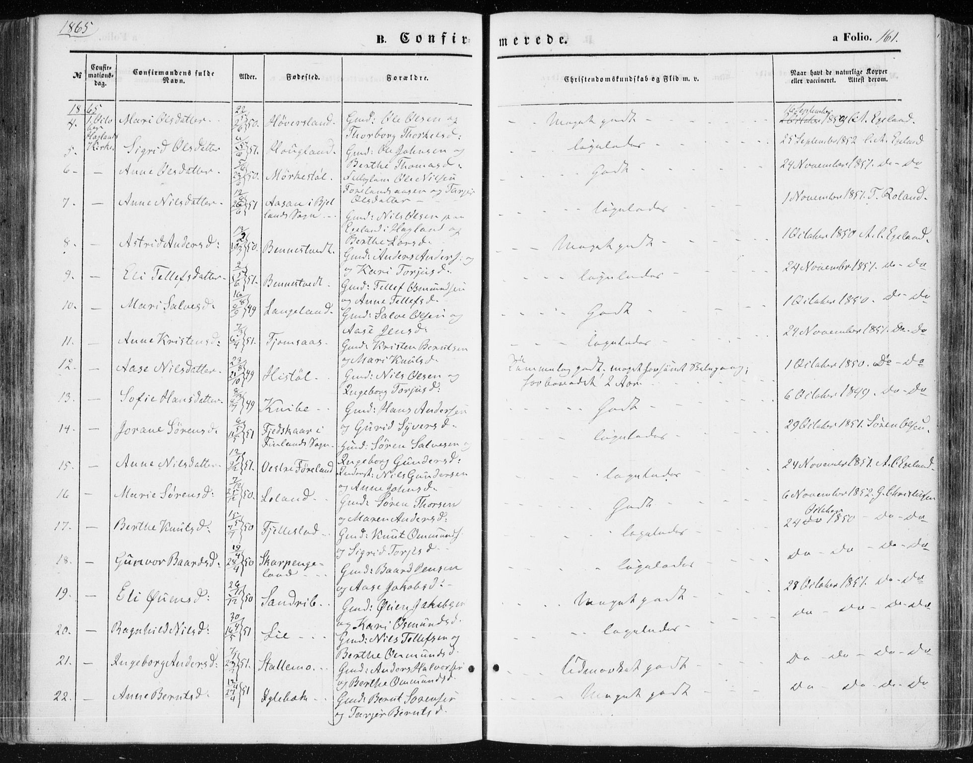 Vennesla sokneprestkontor, AV/SAK-1111-0045/Fa/Fac/L0007: Parish register (official) no. A 7, 1855-1873, p. 161