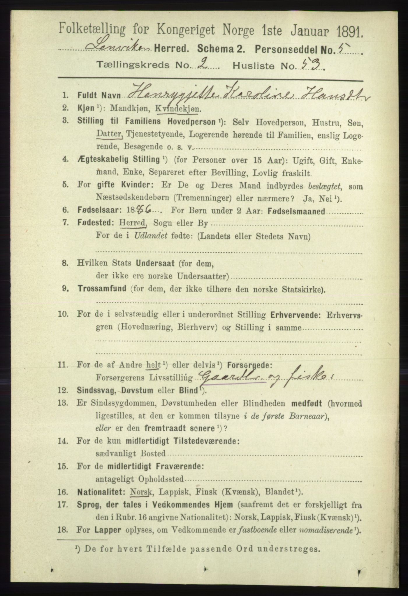 RA, 1891 census for 1931 Lenvik, 1891, p. 1140