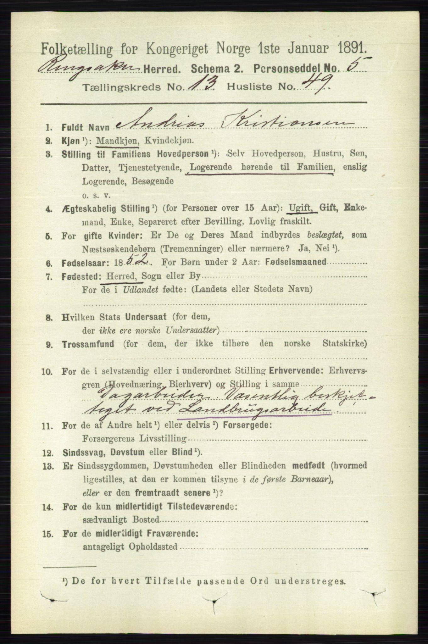 RA, 1891 census for 0412 Ringsaker, 1891, p. 7478