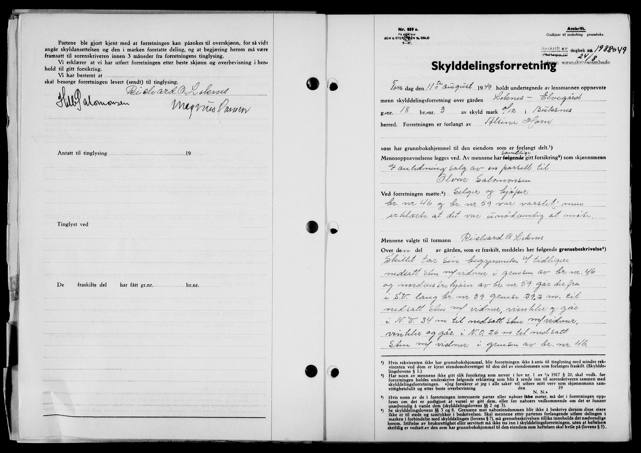 Lofoten sorenskriveri, SAT/A-0017/1/2/2C/L0021a: Mortgage book no. 21a, 1949-1949, Diary no: : 1988/1949