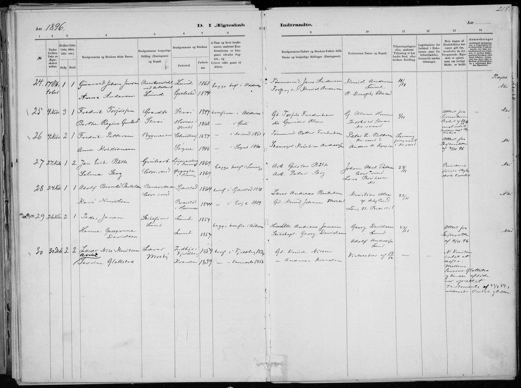 Oddernes sokneprestkontor, AV/SAK-1111-0033/F/Fa/Faa/L0009: Parish register (official) no. A 9, 1884-1896, p. 218