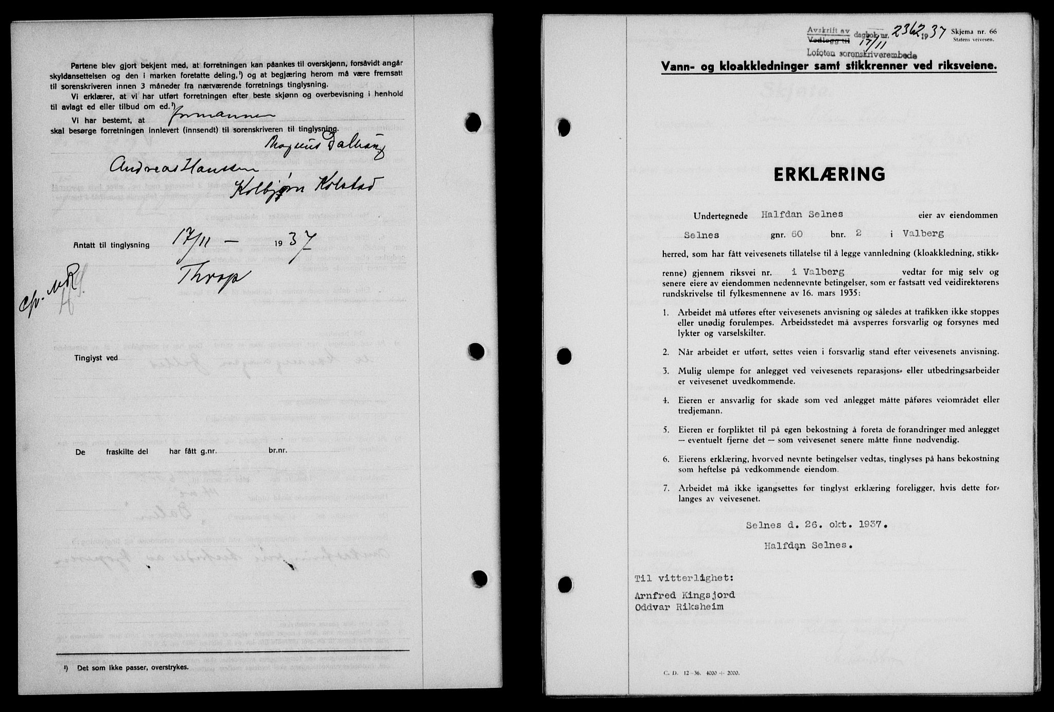 Lofoten sorenskriveri, SAT/A-0017/1/2/2C/L0003a: Mortgage book no. 3a, 1937-1938, Diary no: : 2362/1937
