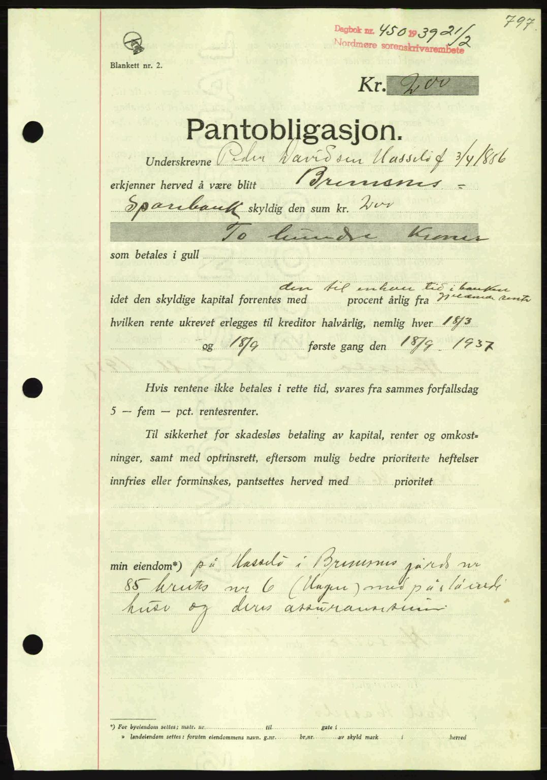 Nordmøre sorenskriveri, AV/SAT-A-4132/1/2/2Ca: Mortgage book no. B84, 1938-1939, Diary no: : 450/1939