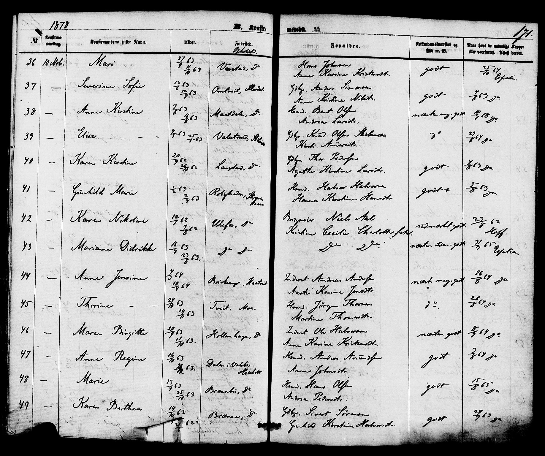 Holla kirkebøker, AV/SAKO-A-272/F/Fa/L0007: Parish register (official) no. 7, 1869-1881, p. 171