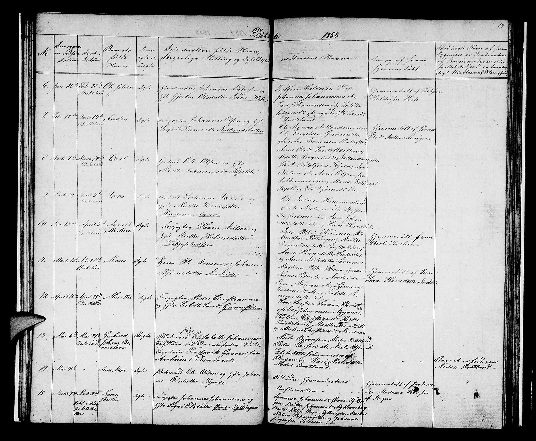 Birkeland Sokneprestembete, SAB/A-74601/H/Hab: Parish register (copy) no. A 1, 1853-1862, p. 19